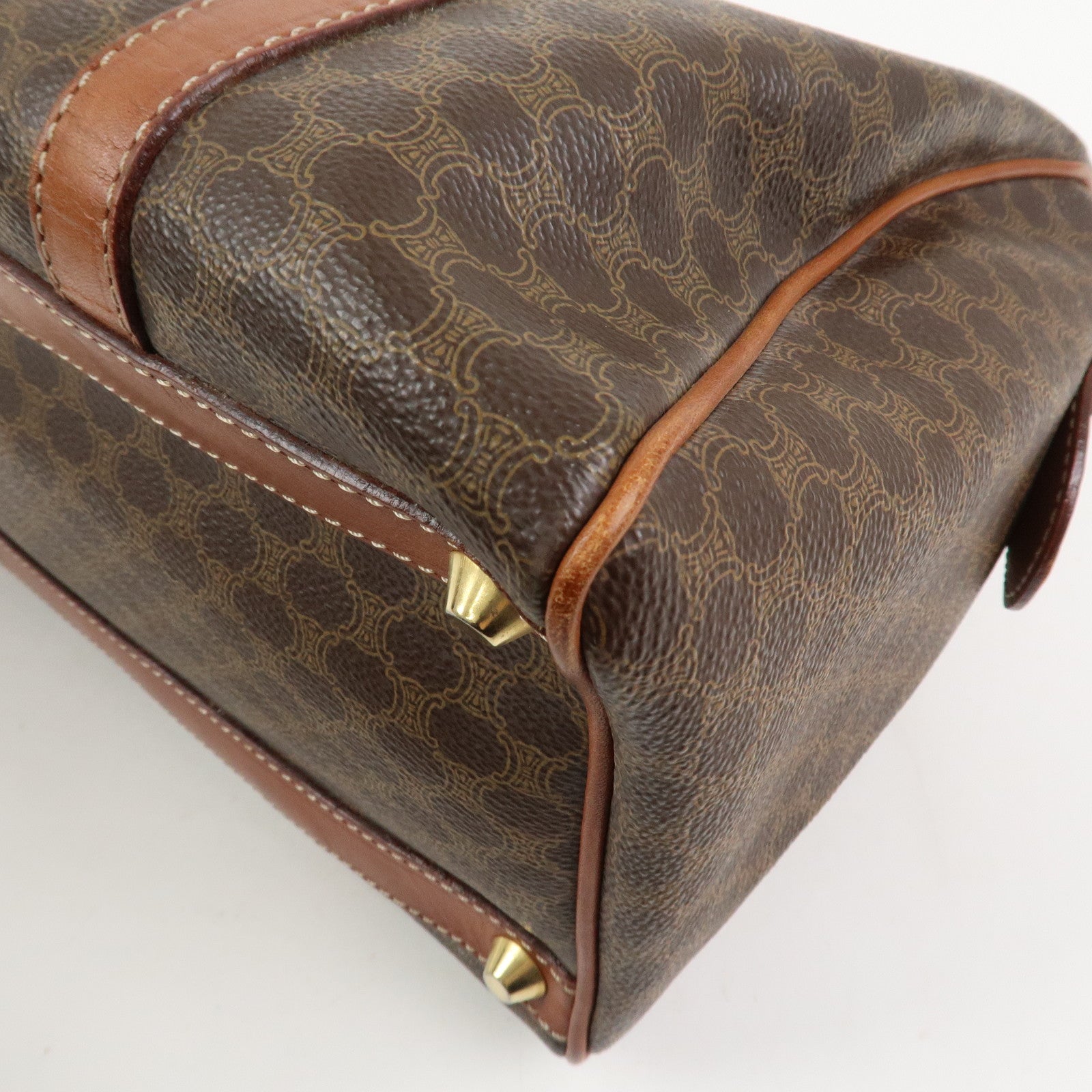 CELINE Macadam PVC Coating Canvas Leather Boston Bag Brown