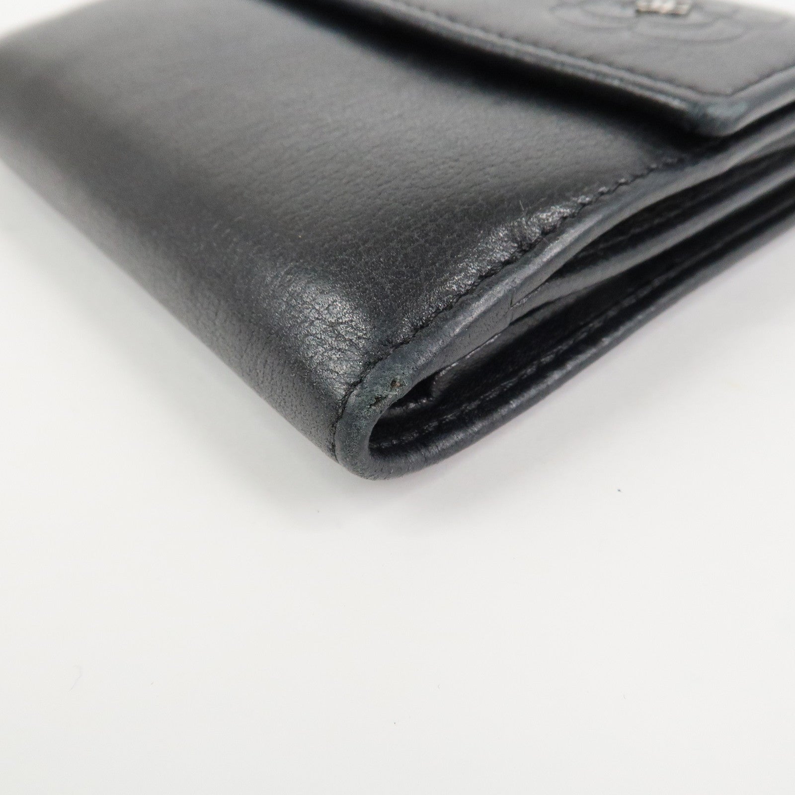CHANEL COCO Mark Camelia Leather Bi-fold Compact Wallet Black