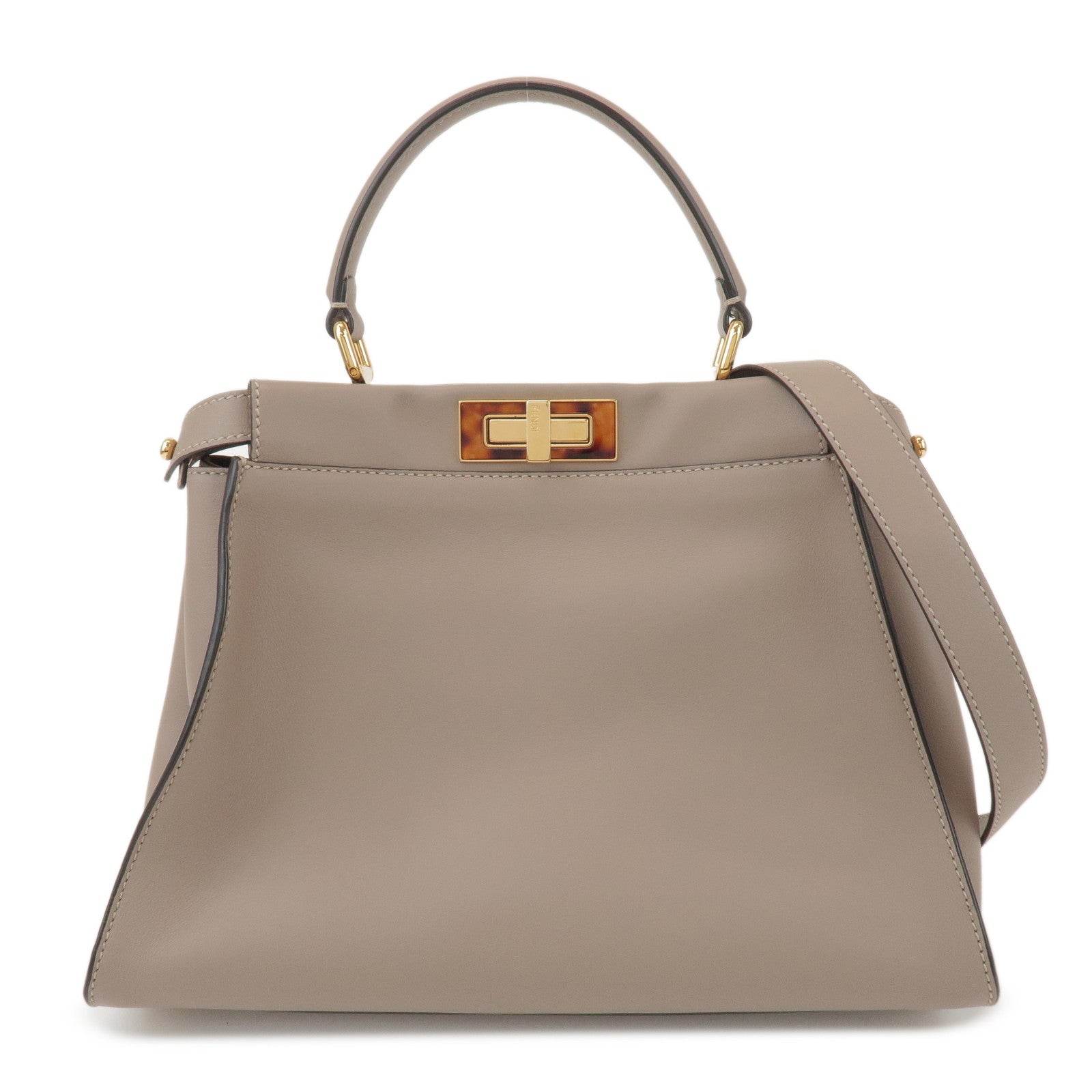 FENDI Peekaboo Leather Medium 2Way Hand Bag Greige Beige 8BN290