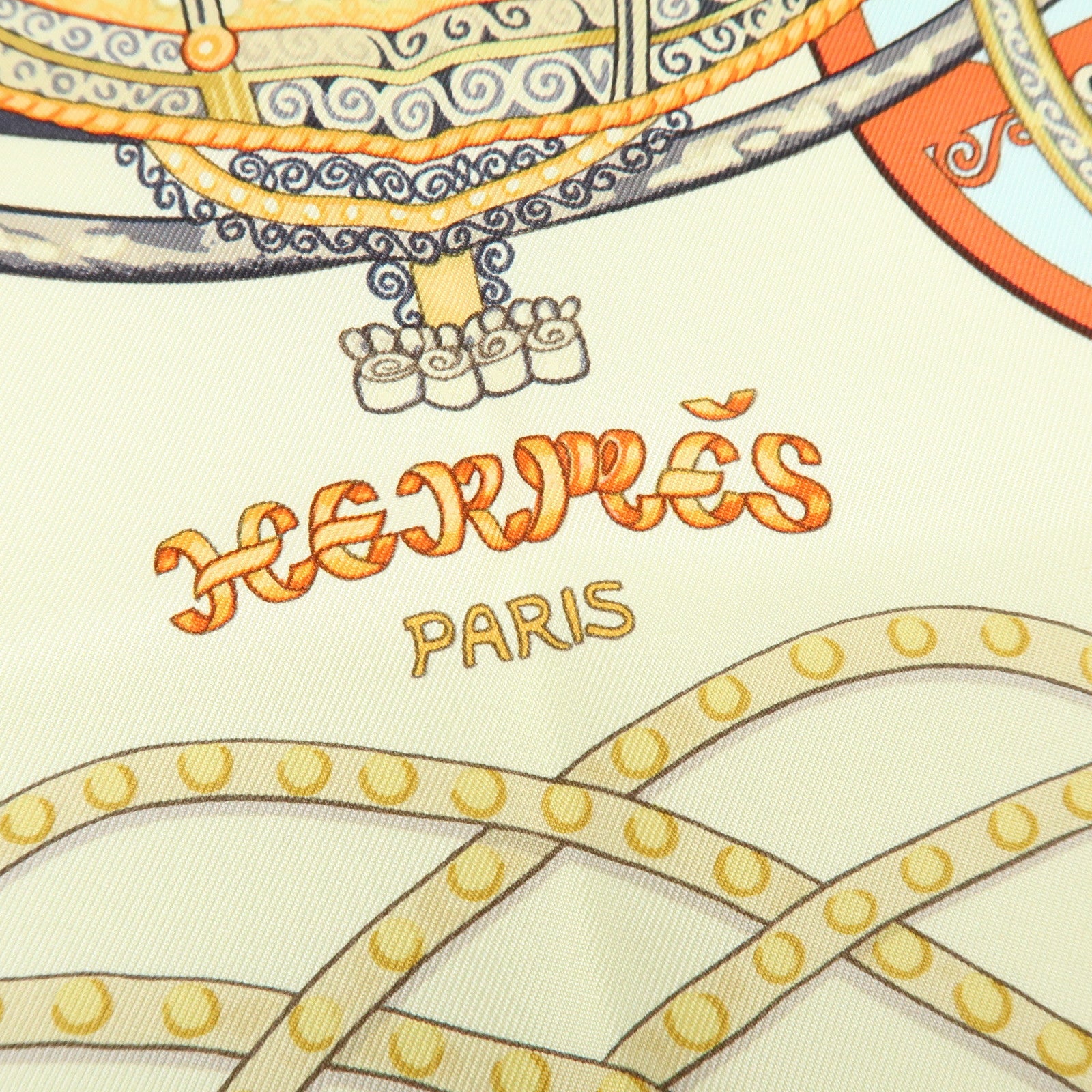 HERMES Carre 90 Silk 100% PAPEROLLES Scarf Light Blue Ivory