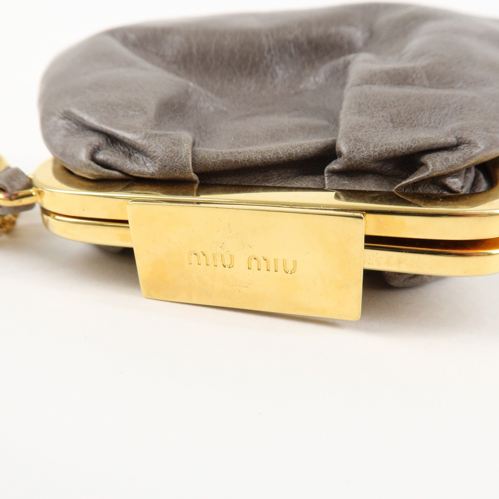 MIU MIU Logo Leather Kiss Lock Coin Case Gray Gold HDW Used