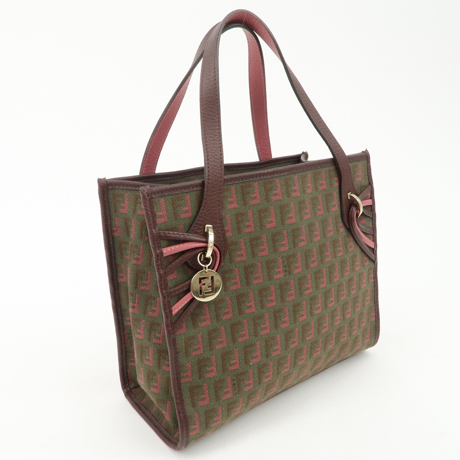 FENDI Zucchino Leather Canvas Hand Bag Khaki Bordeaux