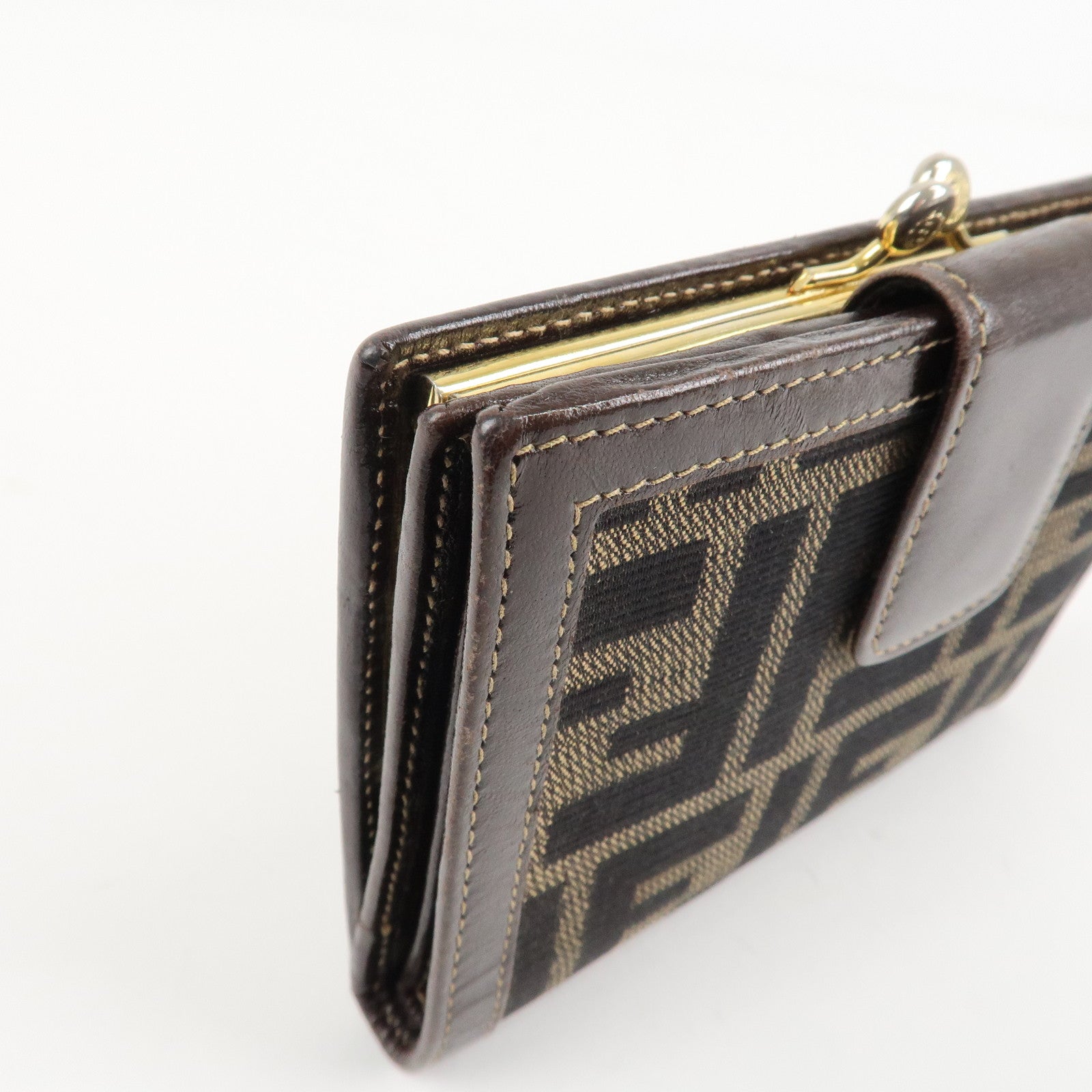 FENDI Zucca Canvas Leather Bi-Fold Wallet Brown Black Used