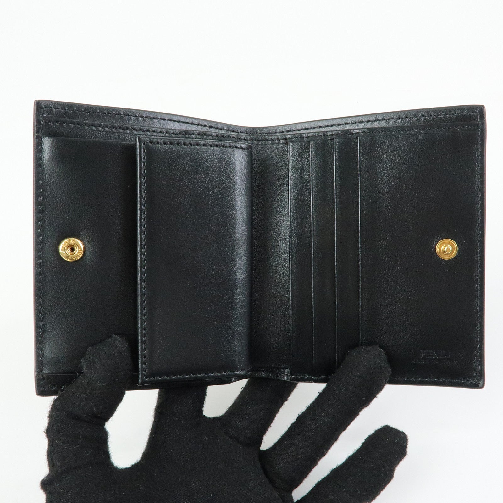FENDI F IS FENDI Leather Bi-fold Compact Wallet Black 8M0387