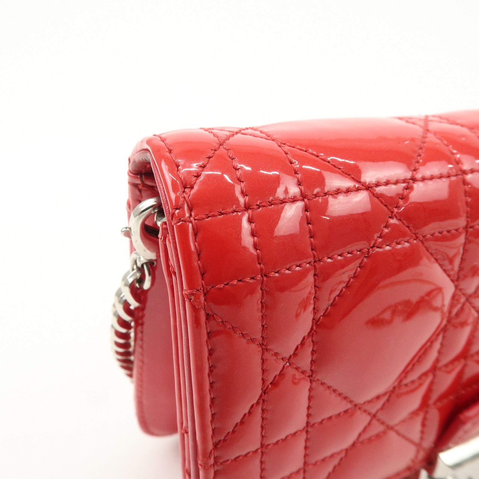 Christian Dior Cannage Patent Leather Chain Shoulder Bag COW Red Used