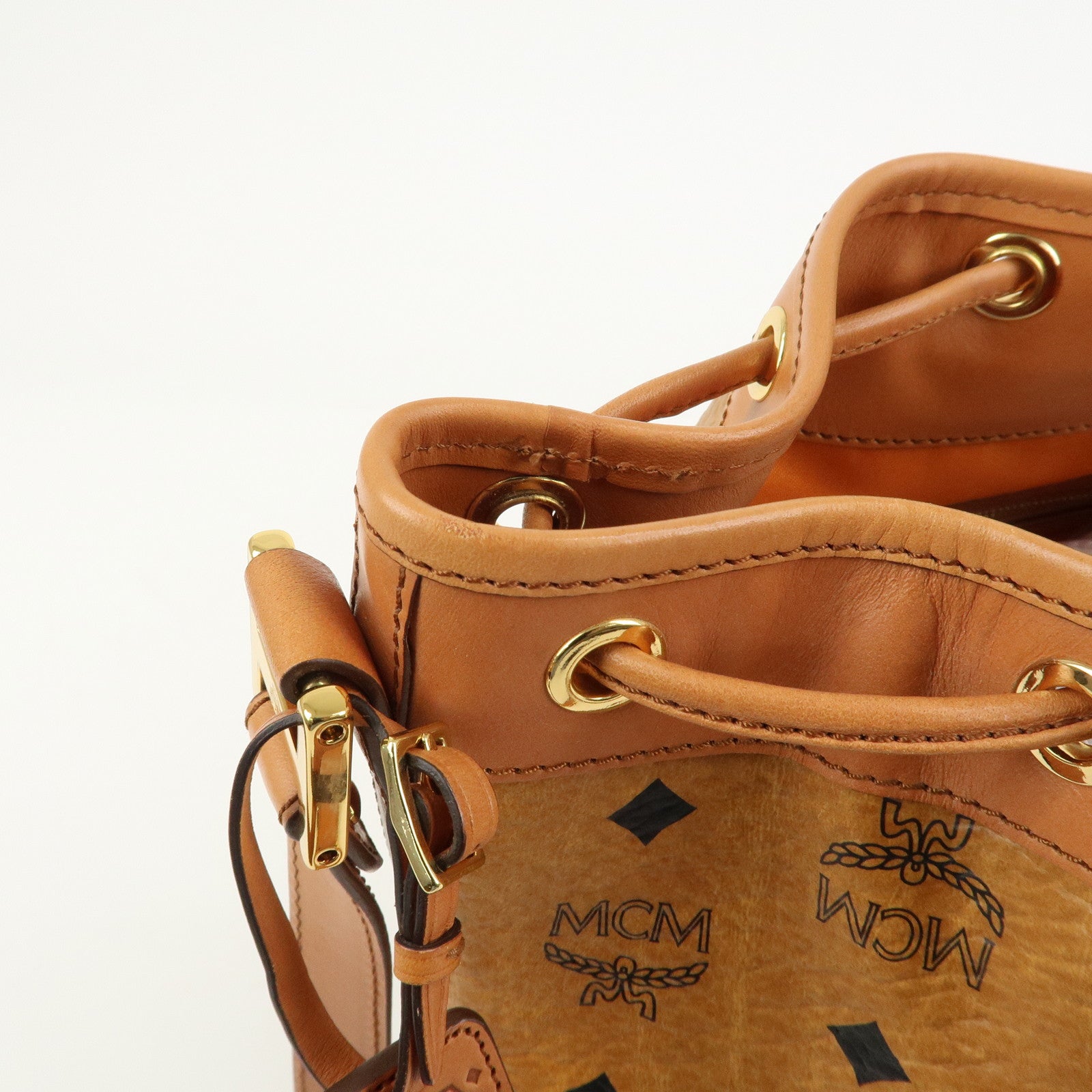 MCM Visetos Leather Bucket Bag Shoulder Bag Drawstring Brown
