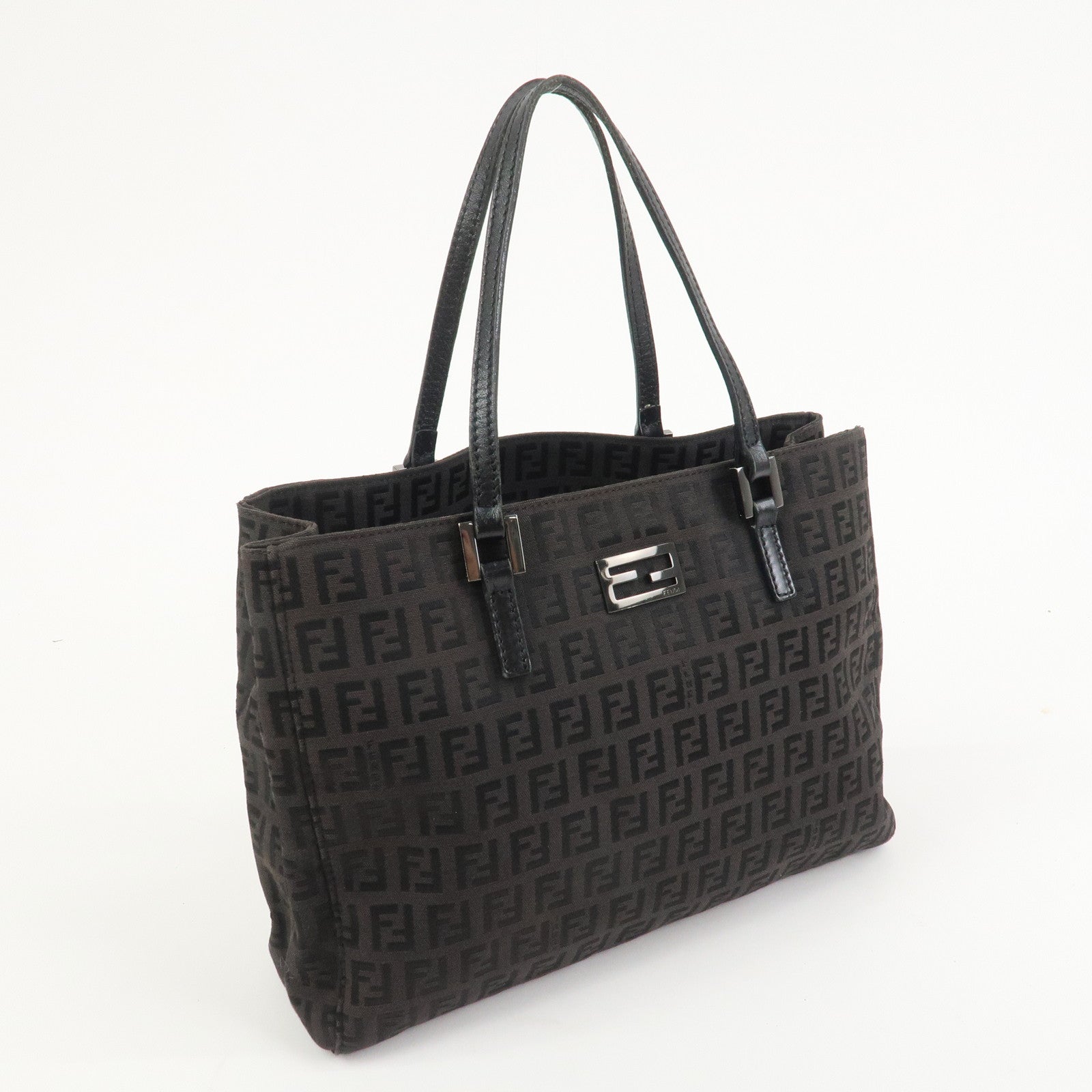 FENDI Zucchino Canvas Leather Hand Bag Tote Bag Dark Brown 8BH132