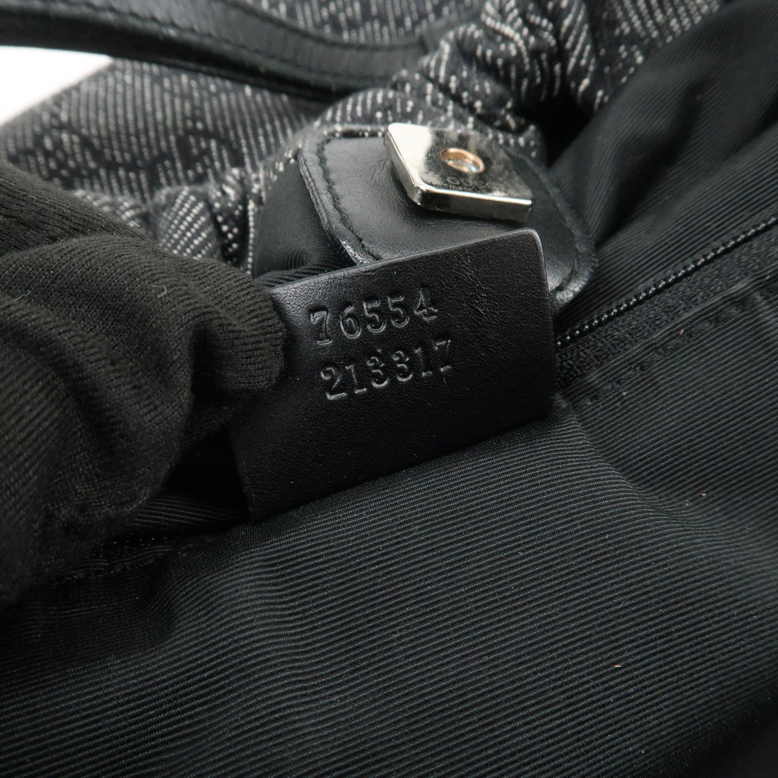 GUCCI GG Monogram Denim Canvas Leather Tote Hand Bag Black 76554