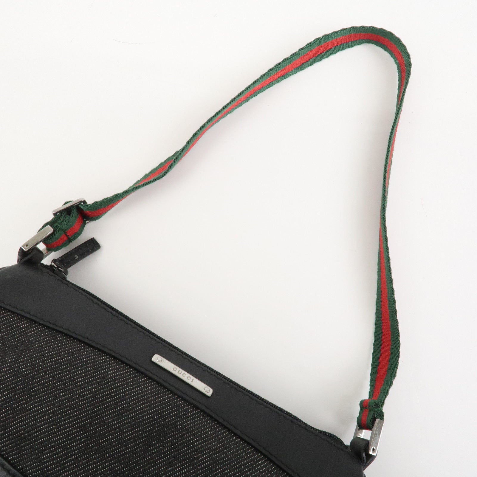 GUCCI Sherry Denim Leather Accessory Pouch Hand Bag Black 92820