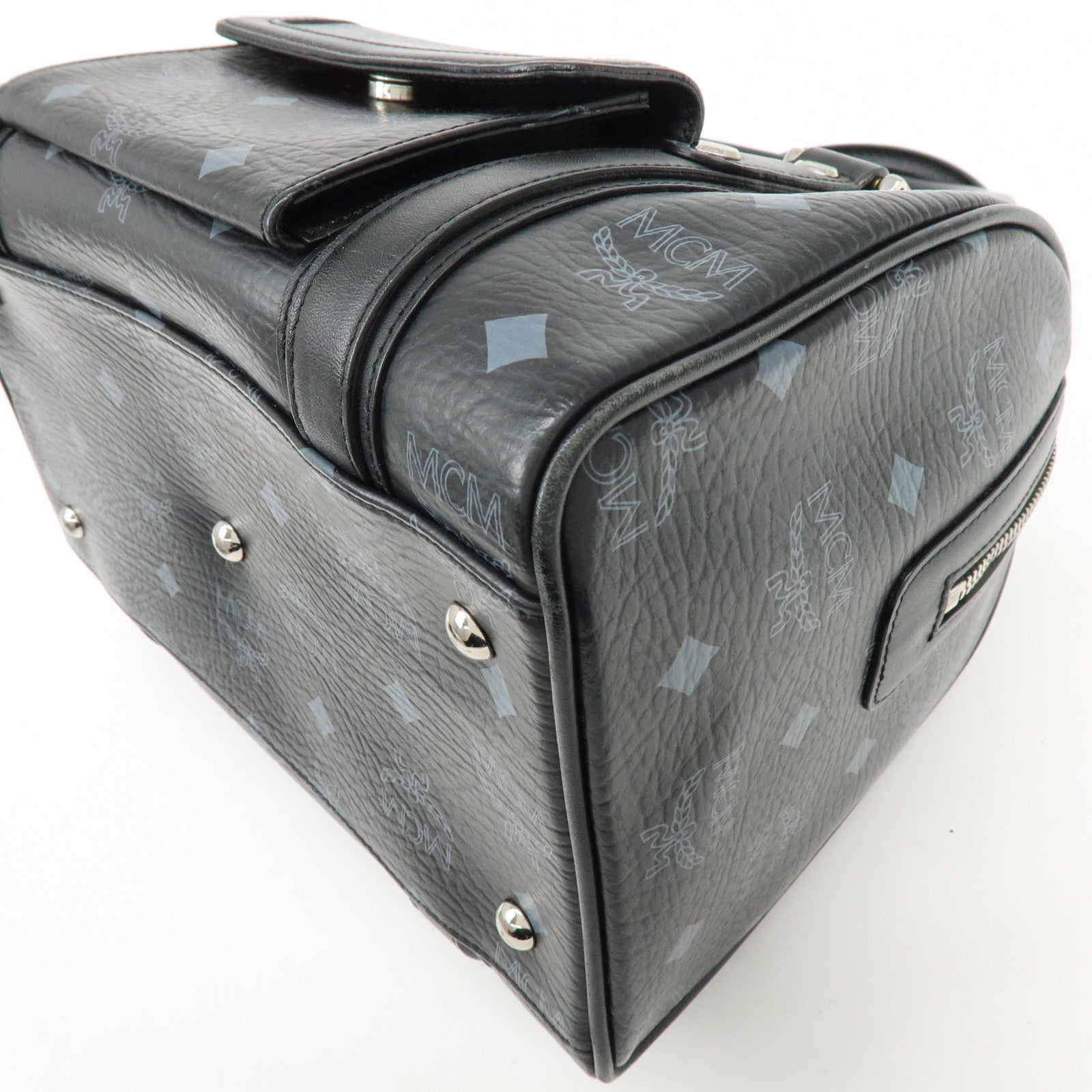 MCM Visetos PVC Leather Boston Bag Hand Bag Black