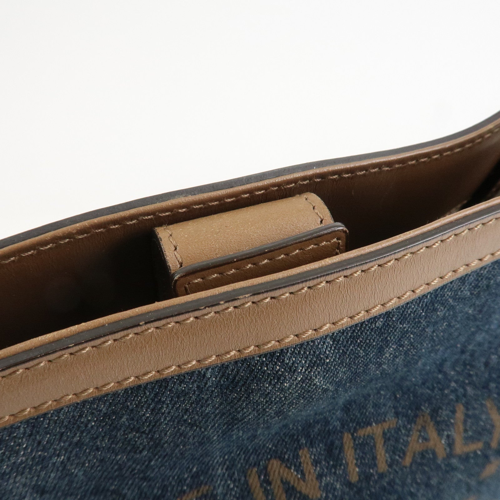 GUCCI Craft Denim Leather Tote Bag Hand Bag Navy Brown 348715