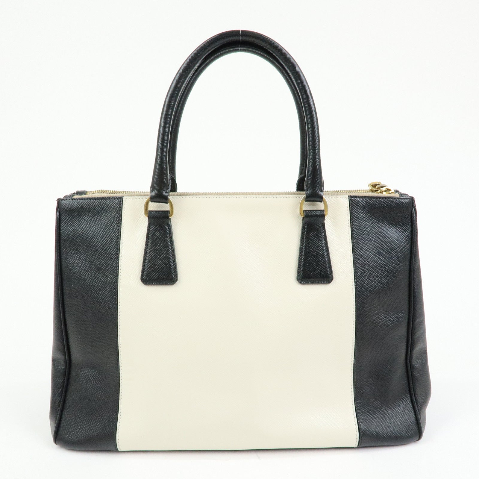 PRADA Triangle Logo Saffiano Leather Hand Bag Tote Bag Ivory Black