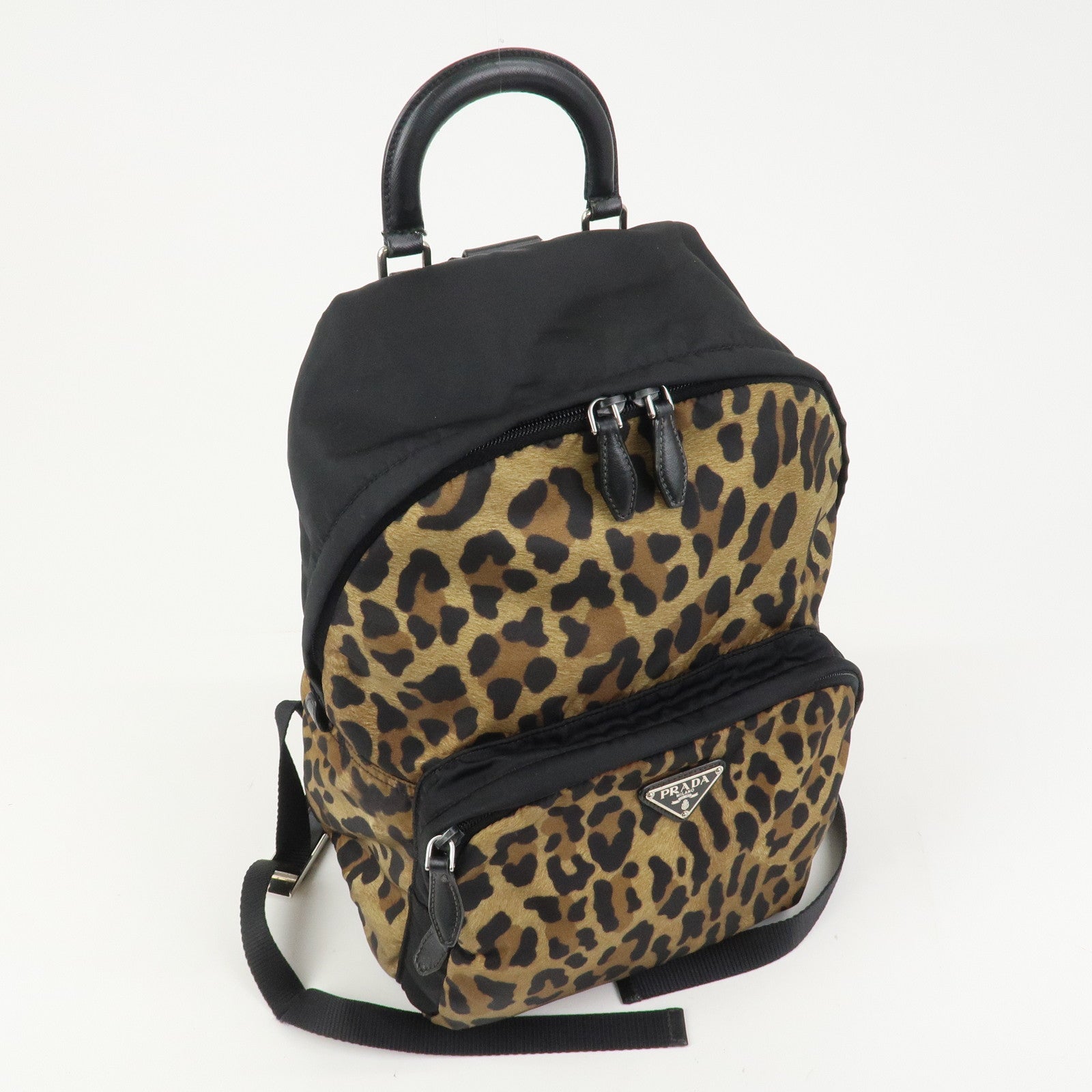 PRADA Nylon Leather Backpack Rucksack Leopard Black 1BZ001