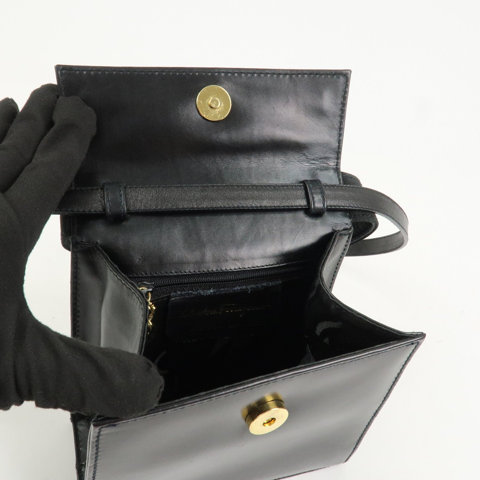 Ferragamo Varra Ribbon Leather 2Way Bag Shoulder Bag Hand Bag Black