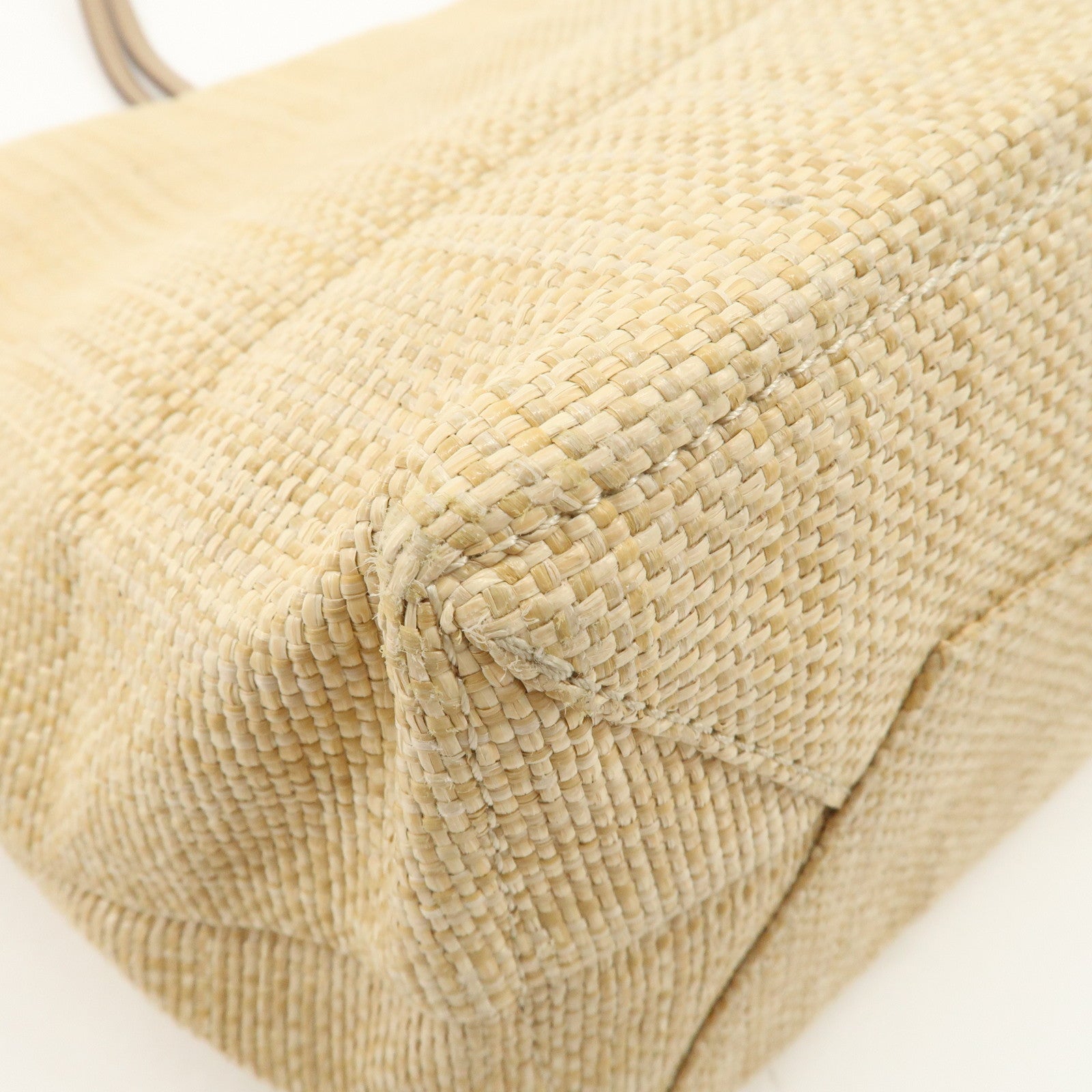 PRADA Leather Raffia Straw Tote Bag Shoulder Bag Beige Used