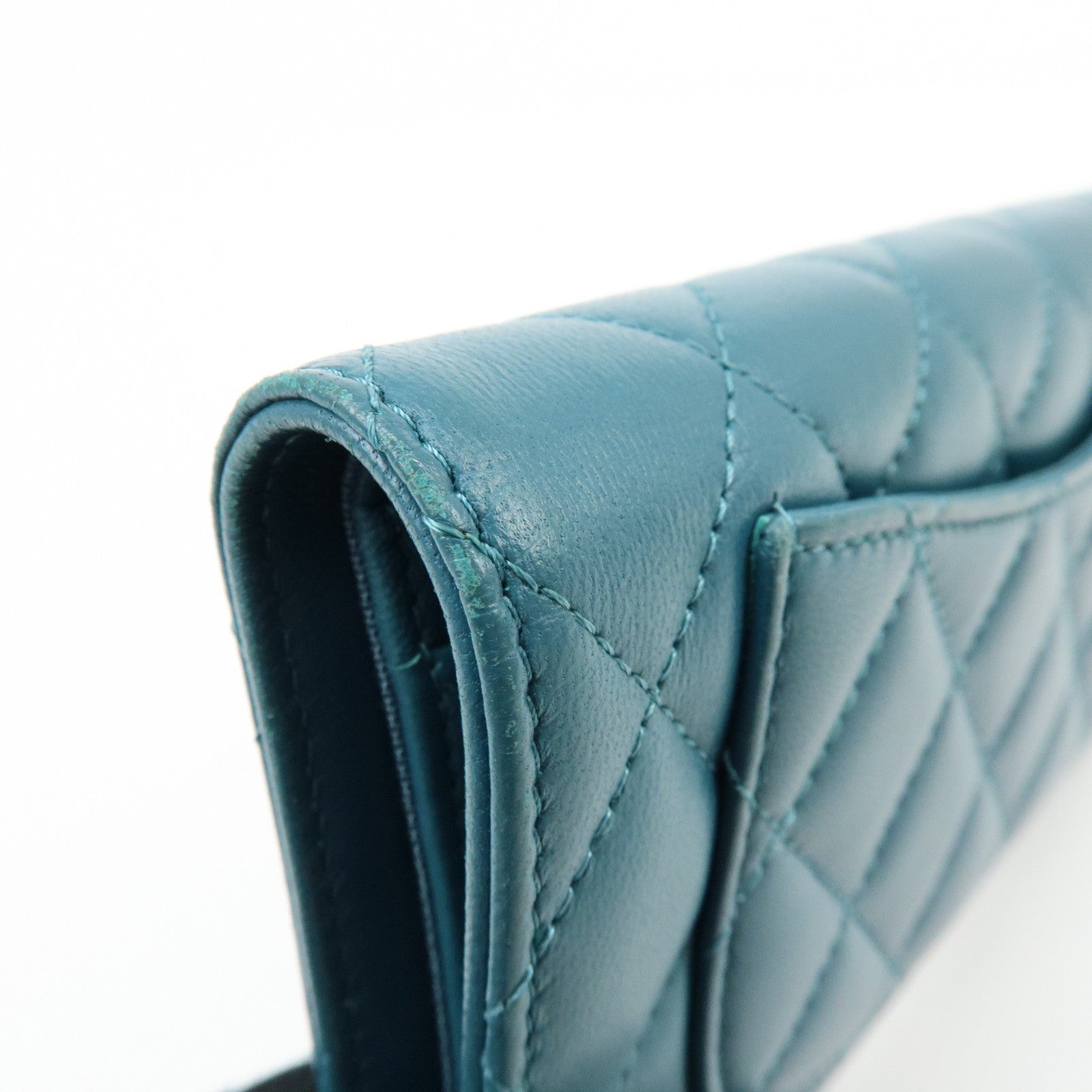 CHANEL COCO Mark Matelasse Lamb Skin Bi-fold Flap Long Wallet Blue