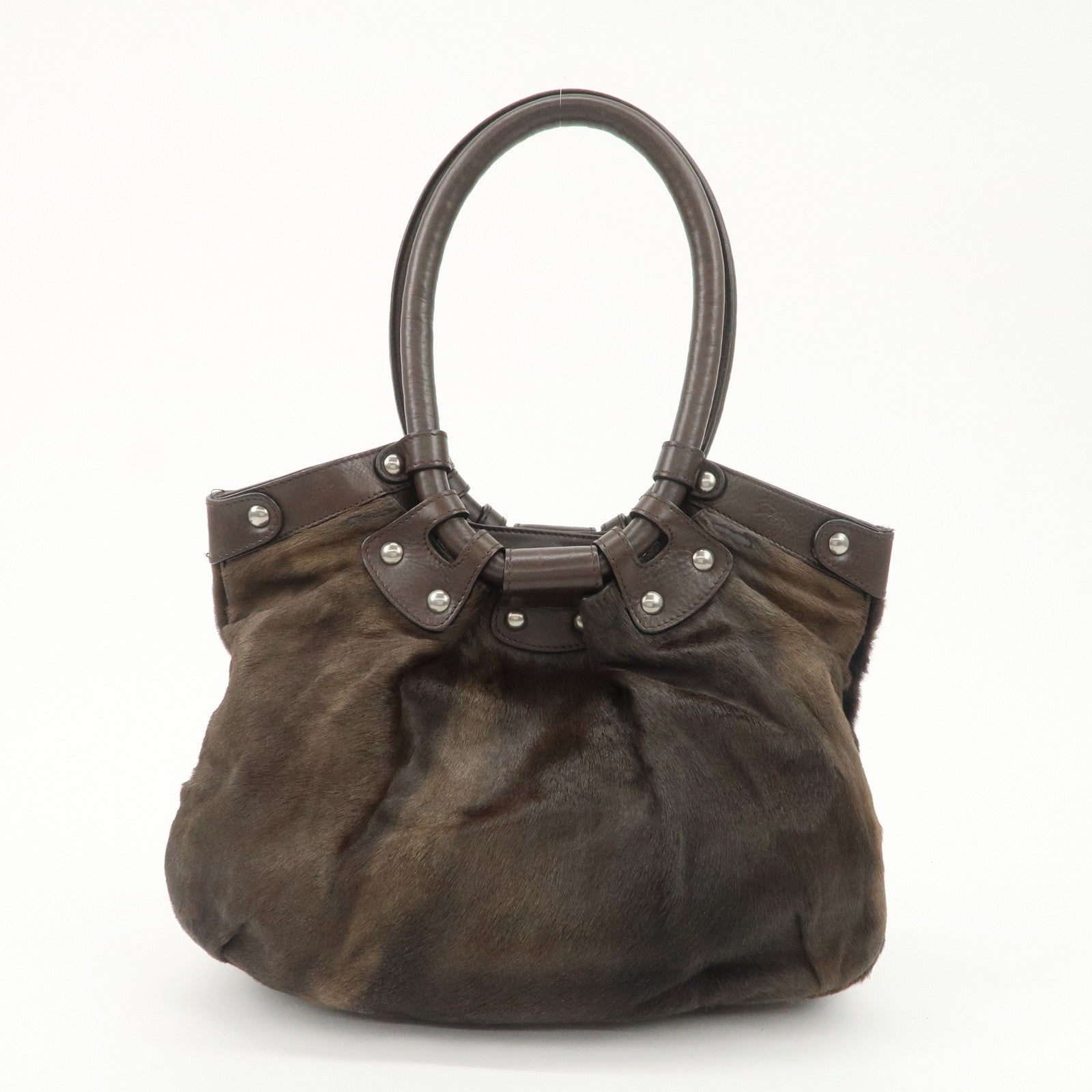 Ferragamo Gancini Unborn Calf Leather Hand Bag Dark Brown Used