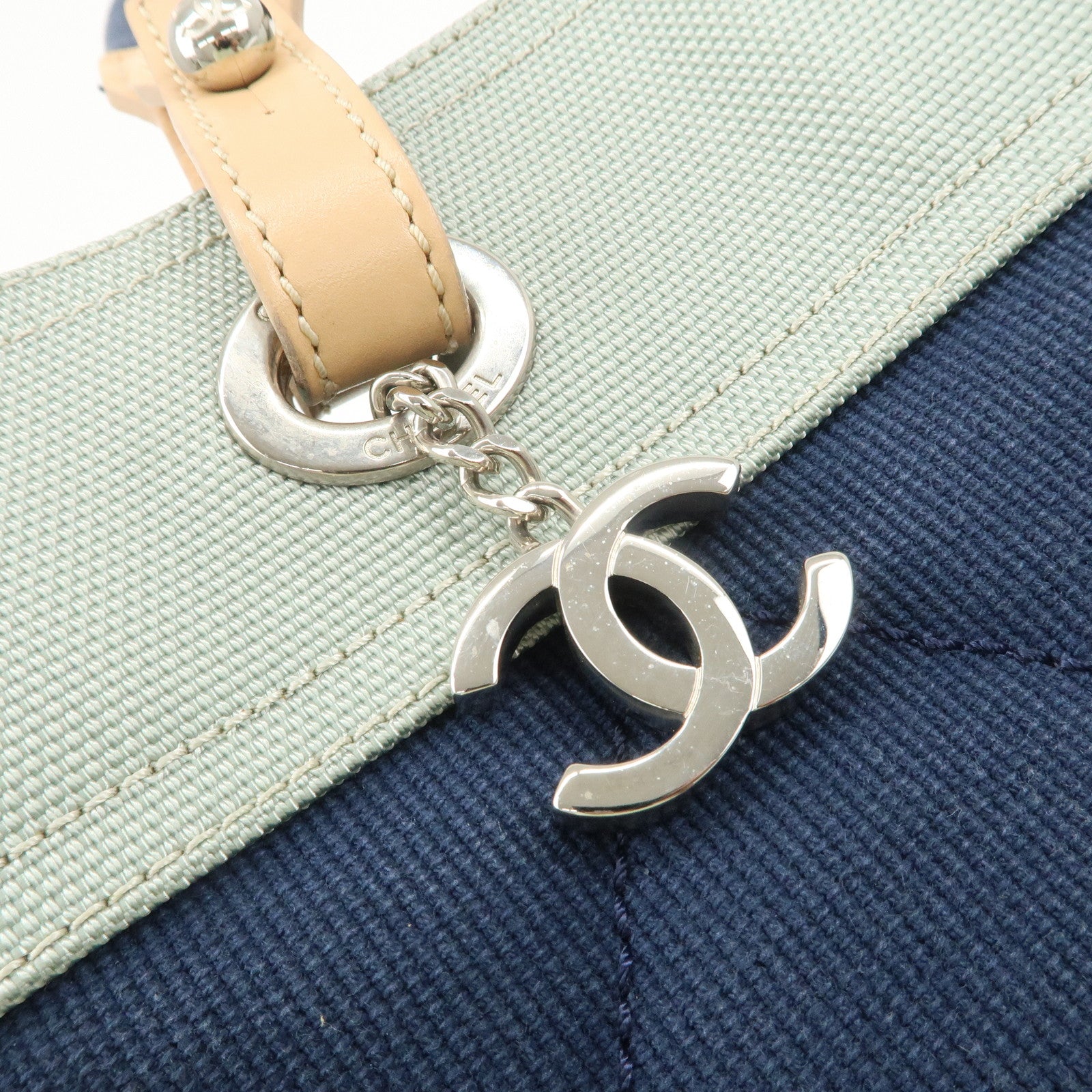 CHANEL Paris Biarritz Canvas Leather Tote Bag MM Navy A43209 Used