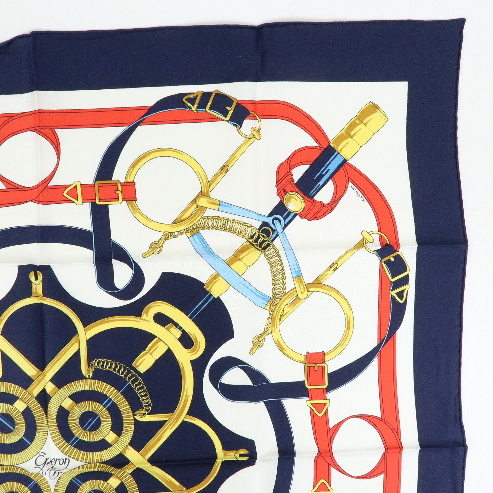 HERMES Carre 90 Silk 100% Scarf Eperon d'or White Navy Red Yellow