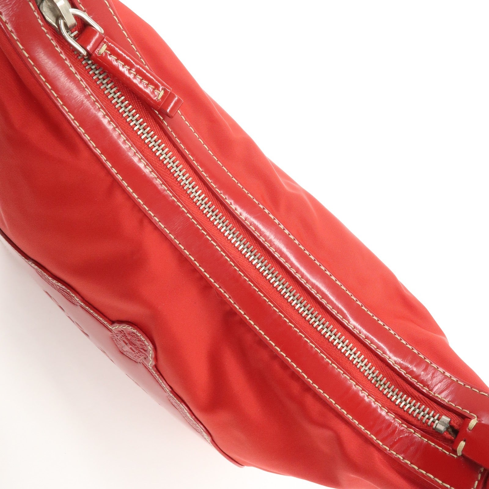 PRADA Logo Nylon Leather Shoulder Bag Silver HDW Red Used