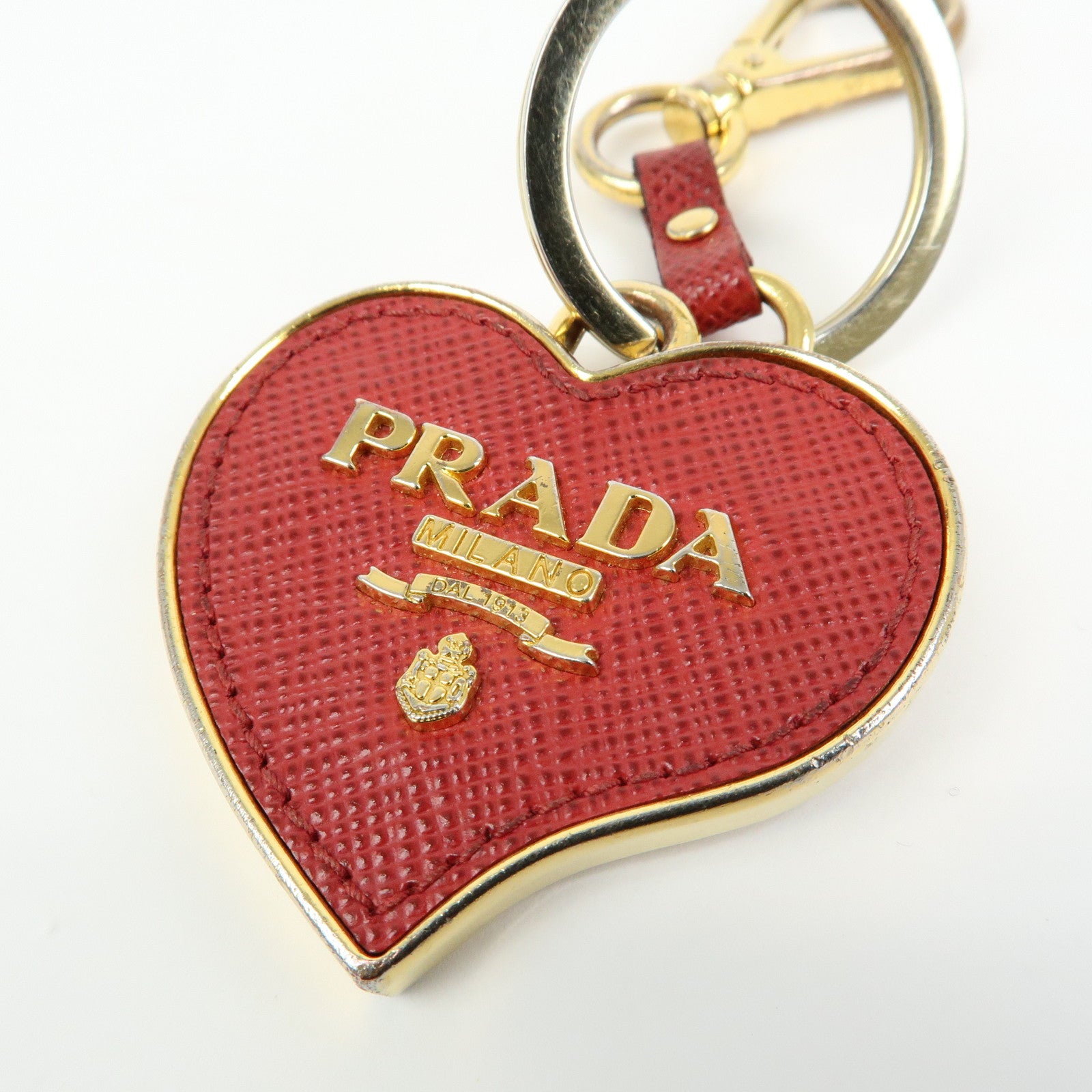 PRADA Metal Saffiano Leather Heart Bag Key Charm Key Chain Red