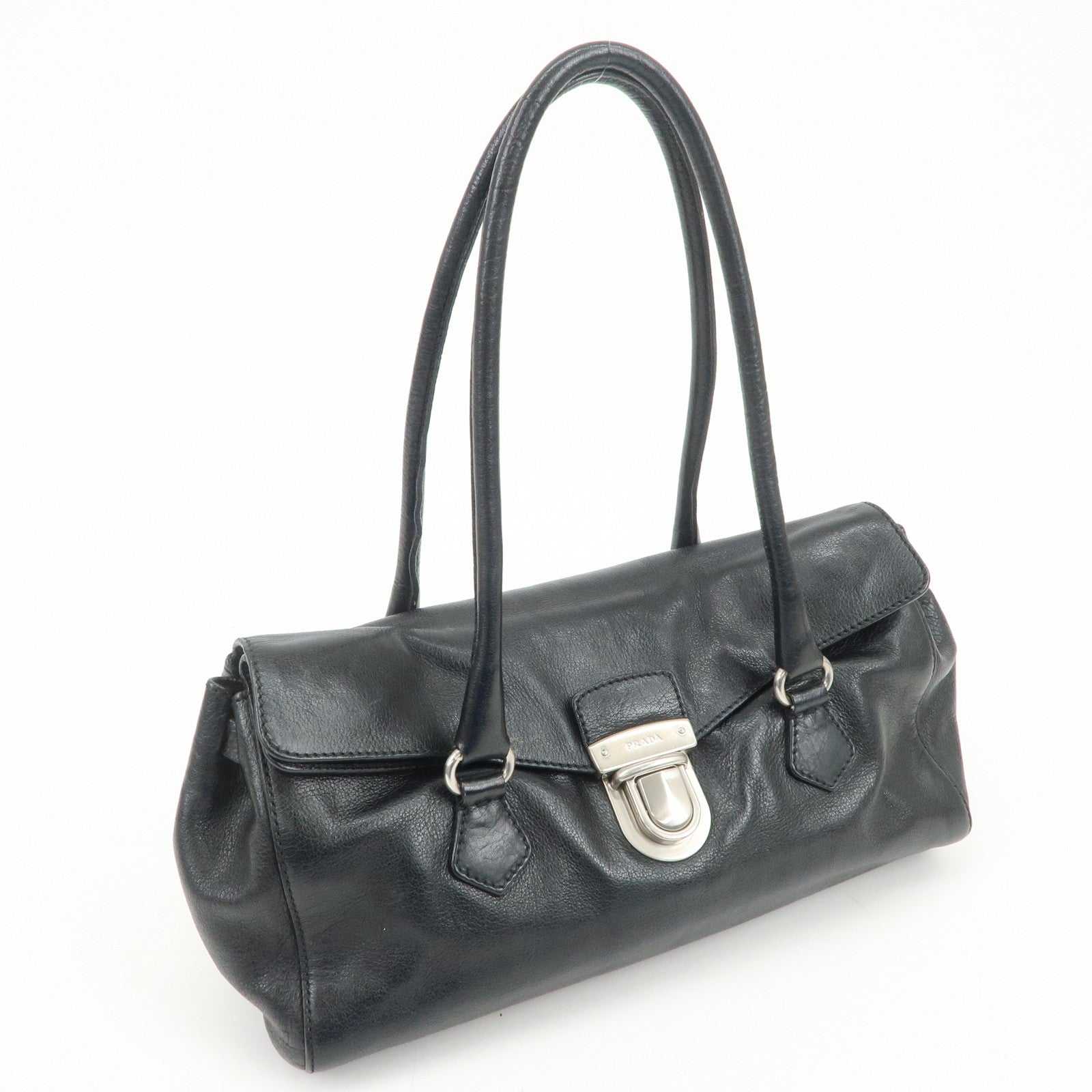 PRADA Triangle Logo Leather Shoulder Bag Hand Bag Black