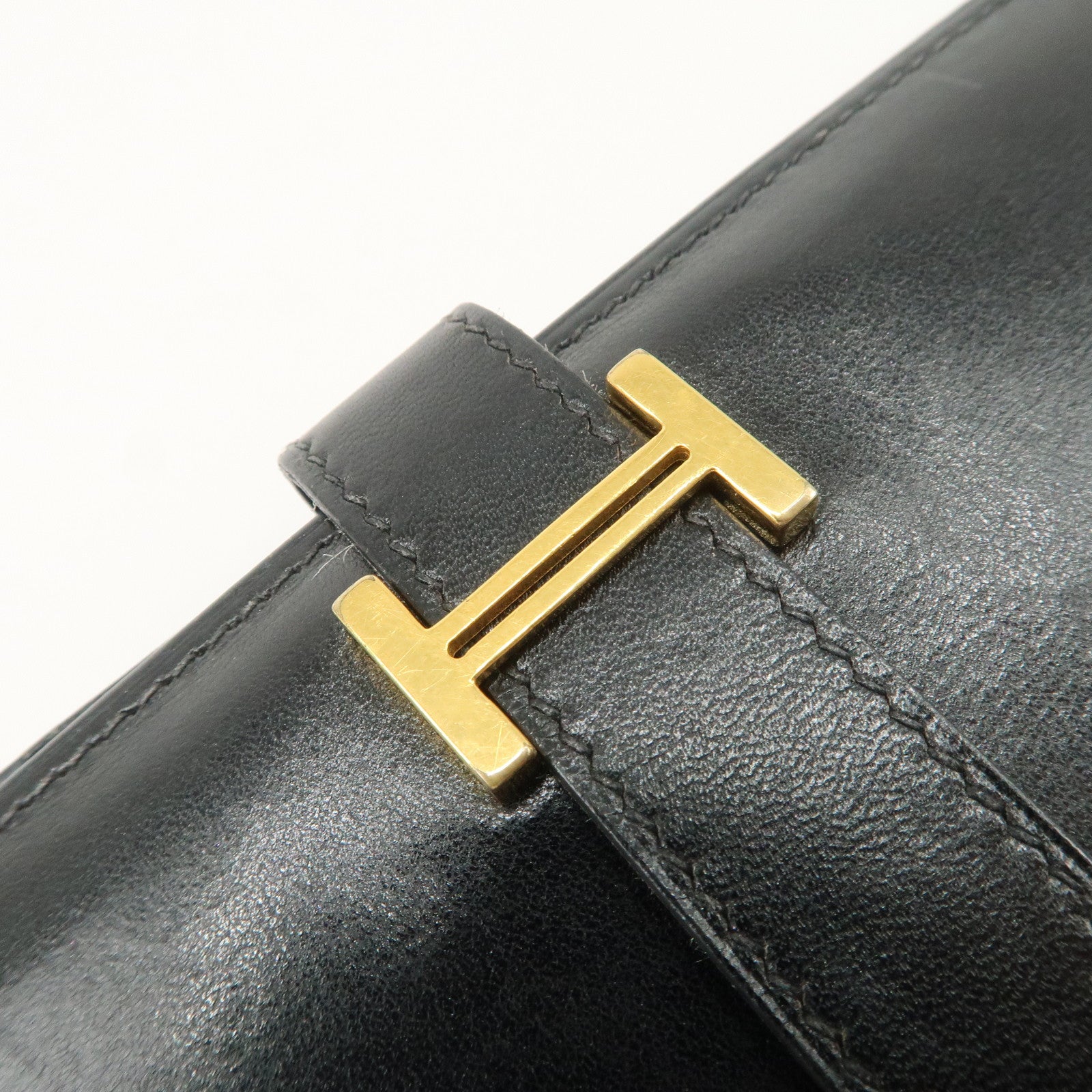 HERMES Bearn Leather Long Wallet H Stamped Black Gold HDW Used