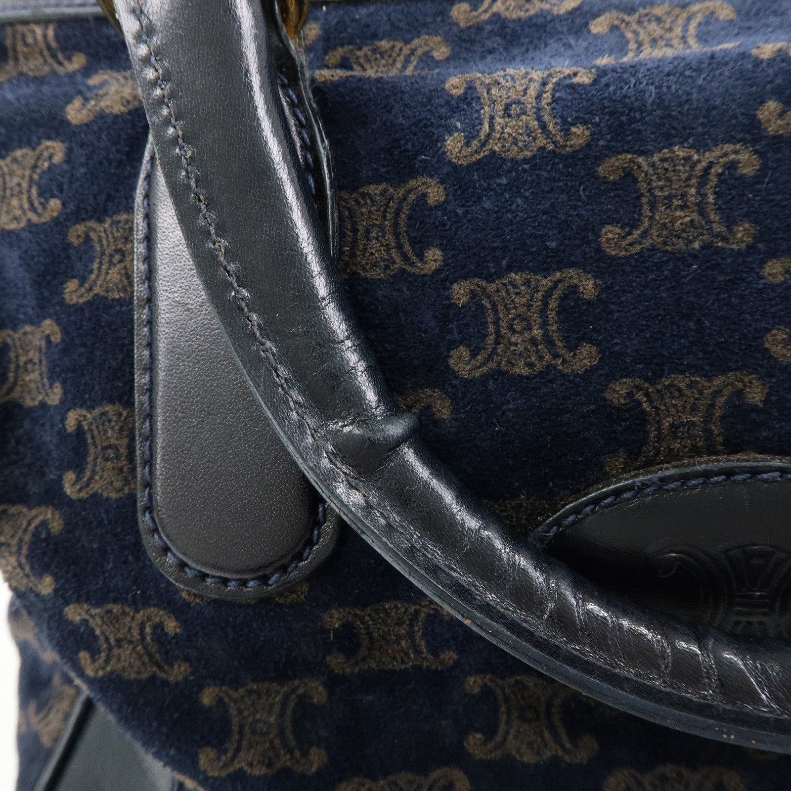 CELINE Macadam Leather Suede Hand Bag Boston Bag Navy