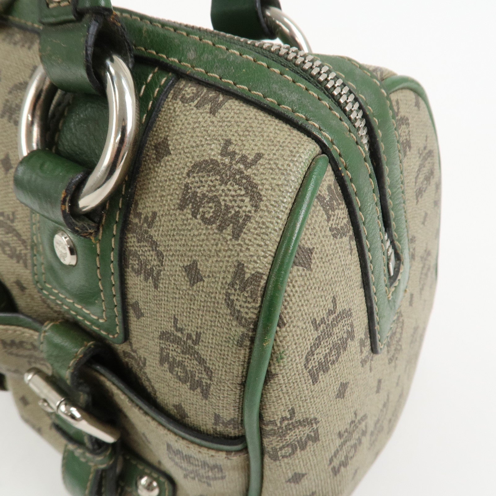 MCM Visetos PVC Coating Canvas Leather Boston Bag Beige Green