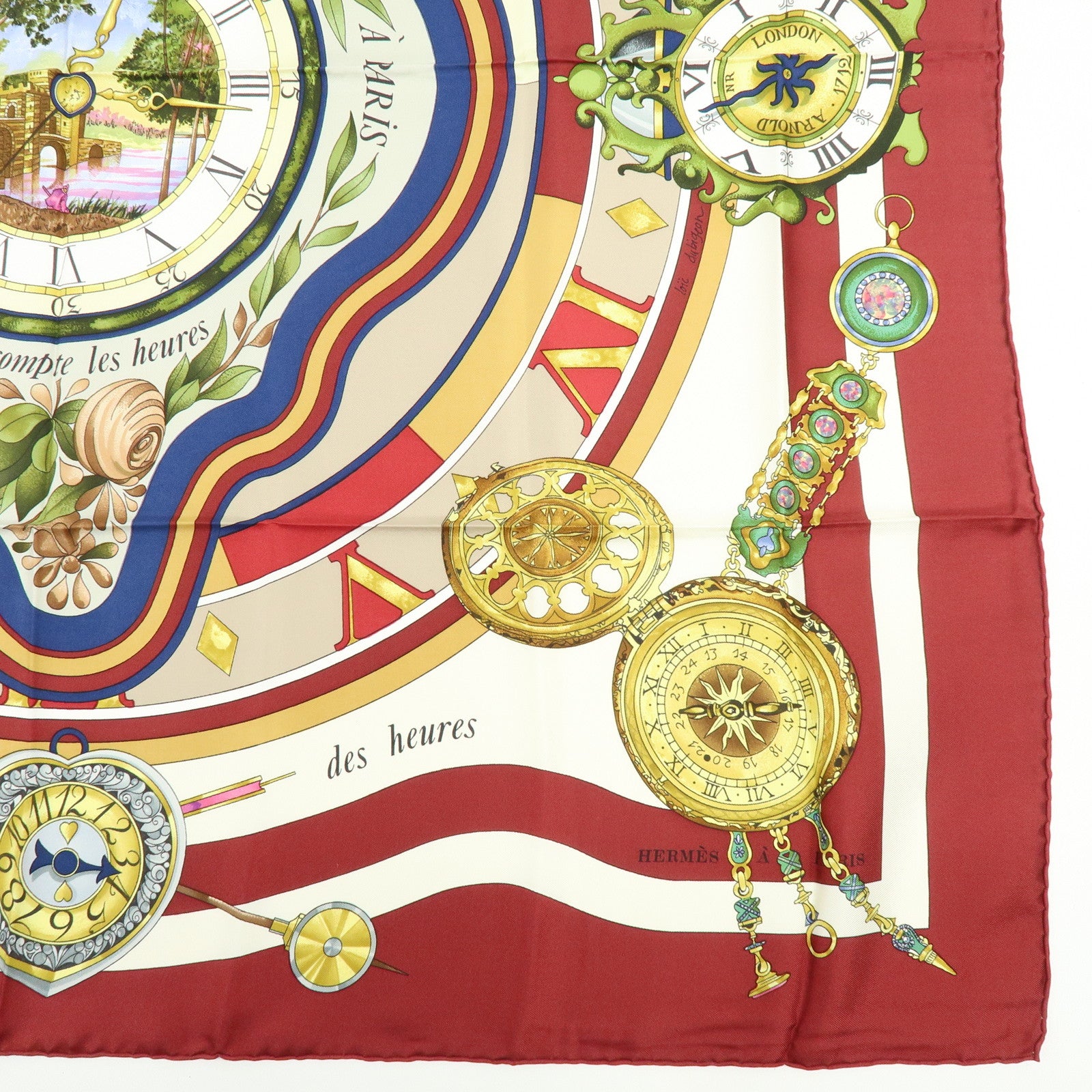 HERMES Carre 90 Silk 100% Scarf la ronde des heures Bordeaux White