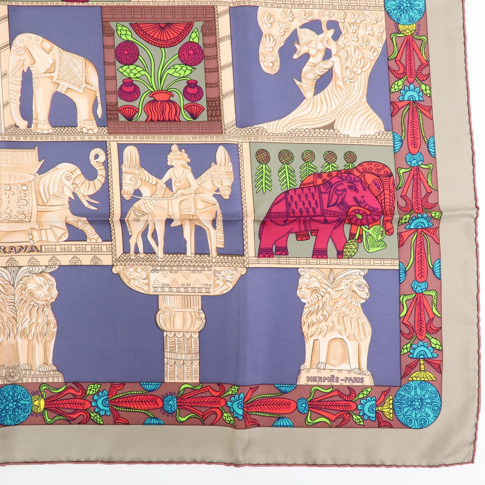 HERMES Carre 90 Silk 100% Scarf TORANA Red Purple Green