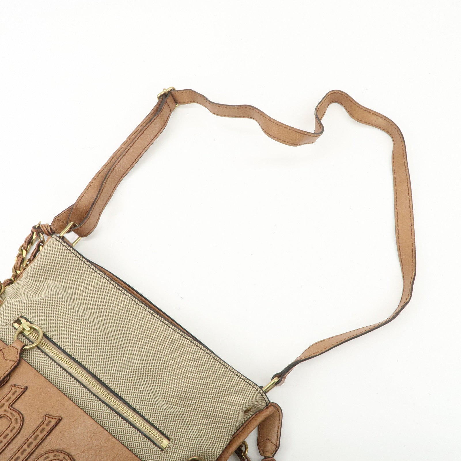 Chloe Leather Canvas Shoulder Bag Crossbody Bag Beige Brown Khaki