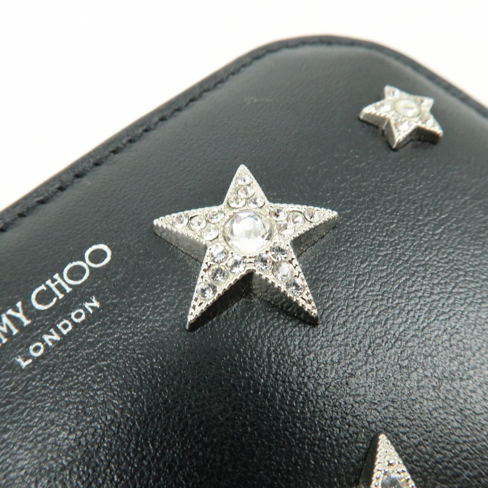 JIMMY CHOO Leather Compact Zippy Wallet Star Studs Black