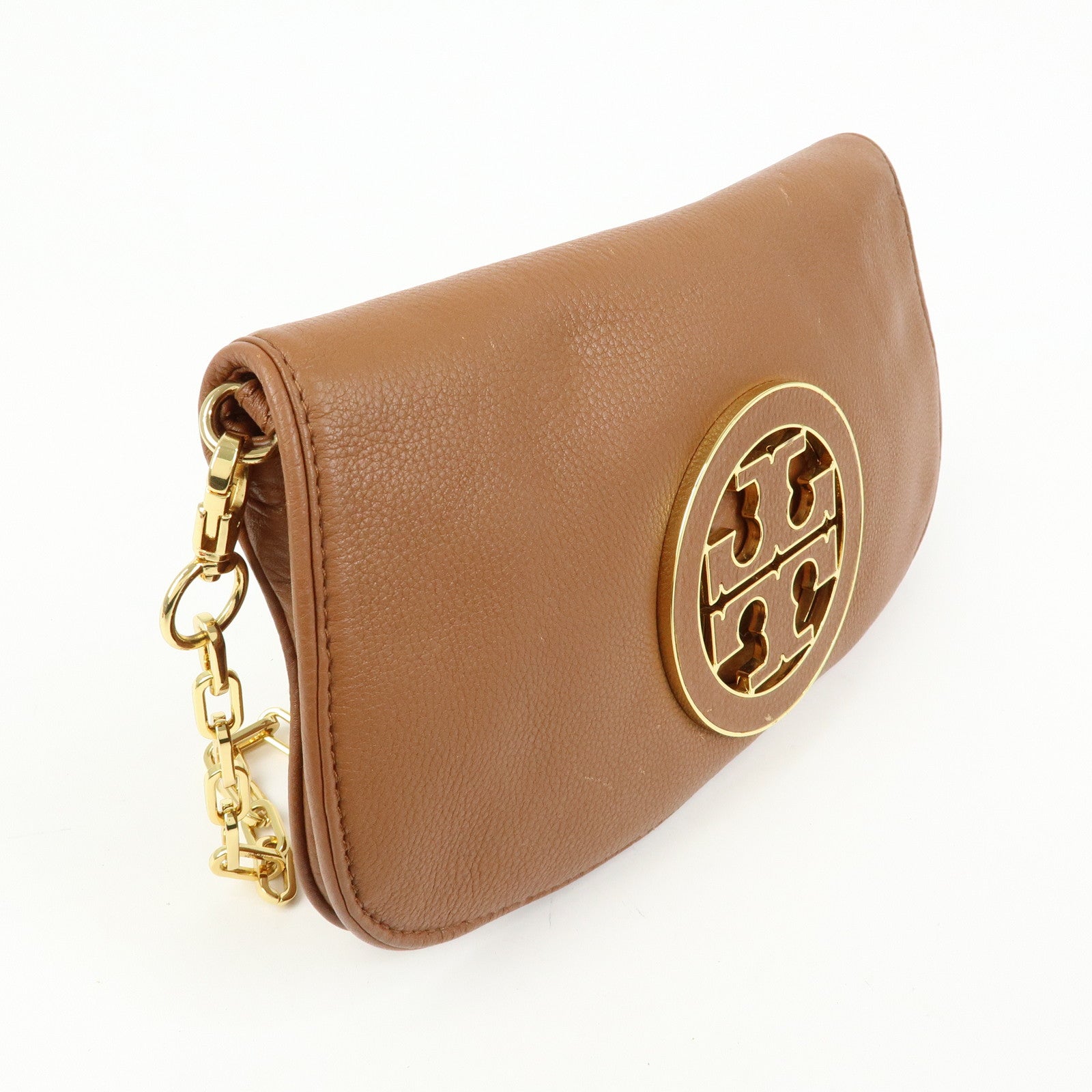 TORY BURCH Leather Flap Shoulder Bag Crossbody Bag Clutch Brown