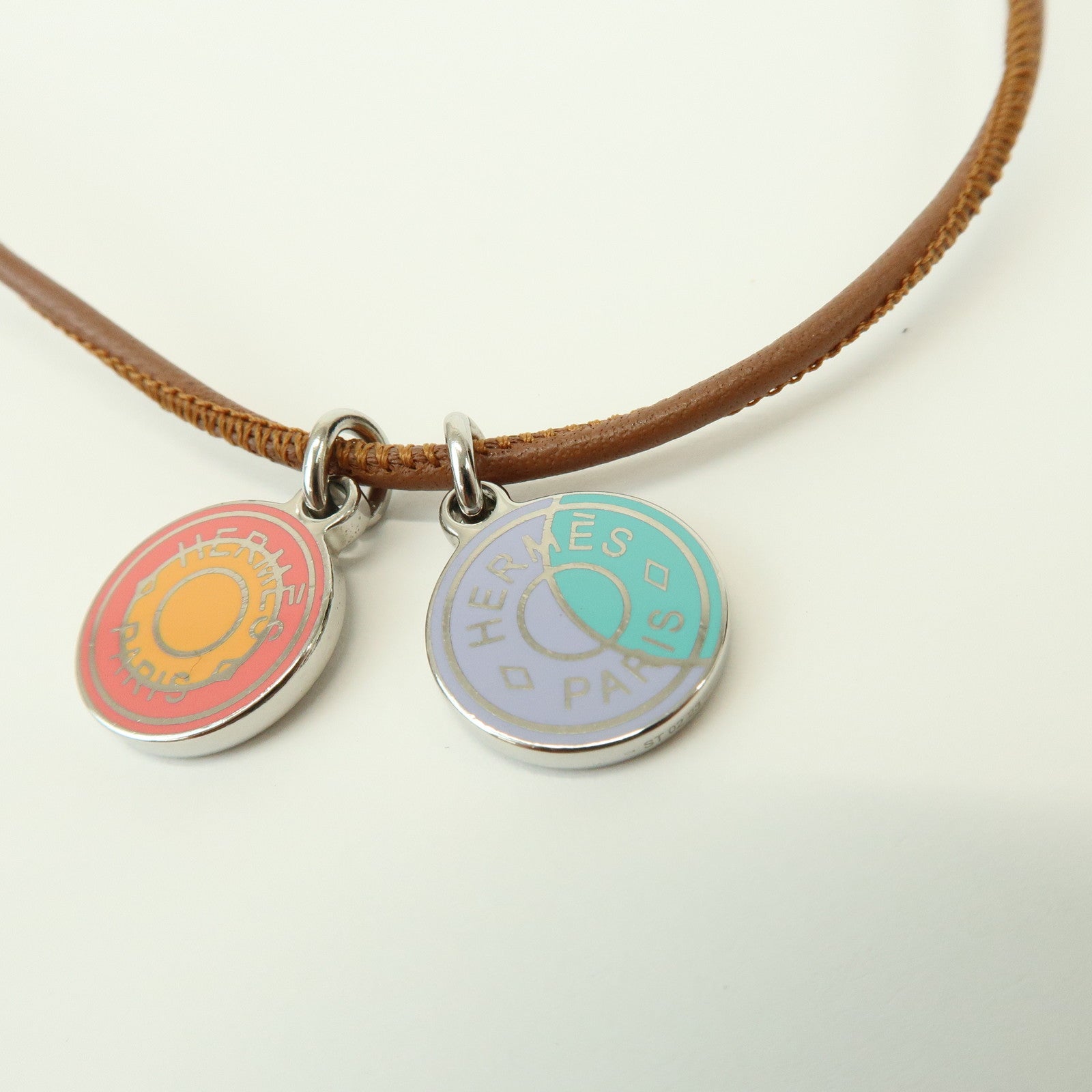 HERMES Logo Leather Metal Necklace Brown Pink Light Blue