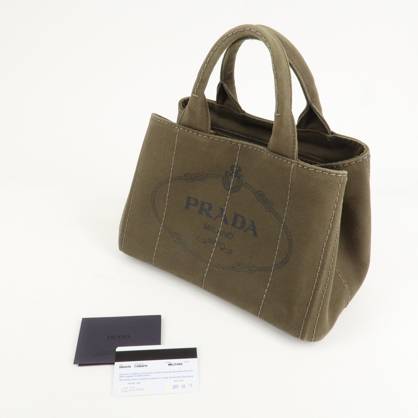 PRADA Logo Canapa Mini Canvas Tote Bag Hand Bag Khaki BN2439