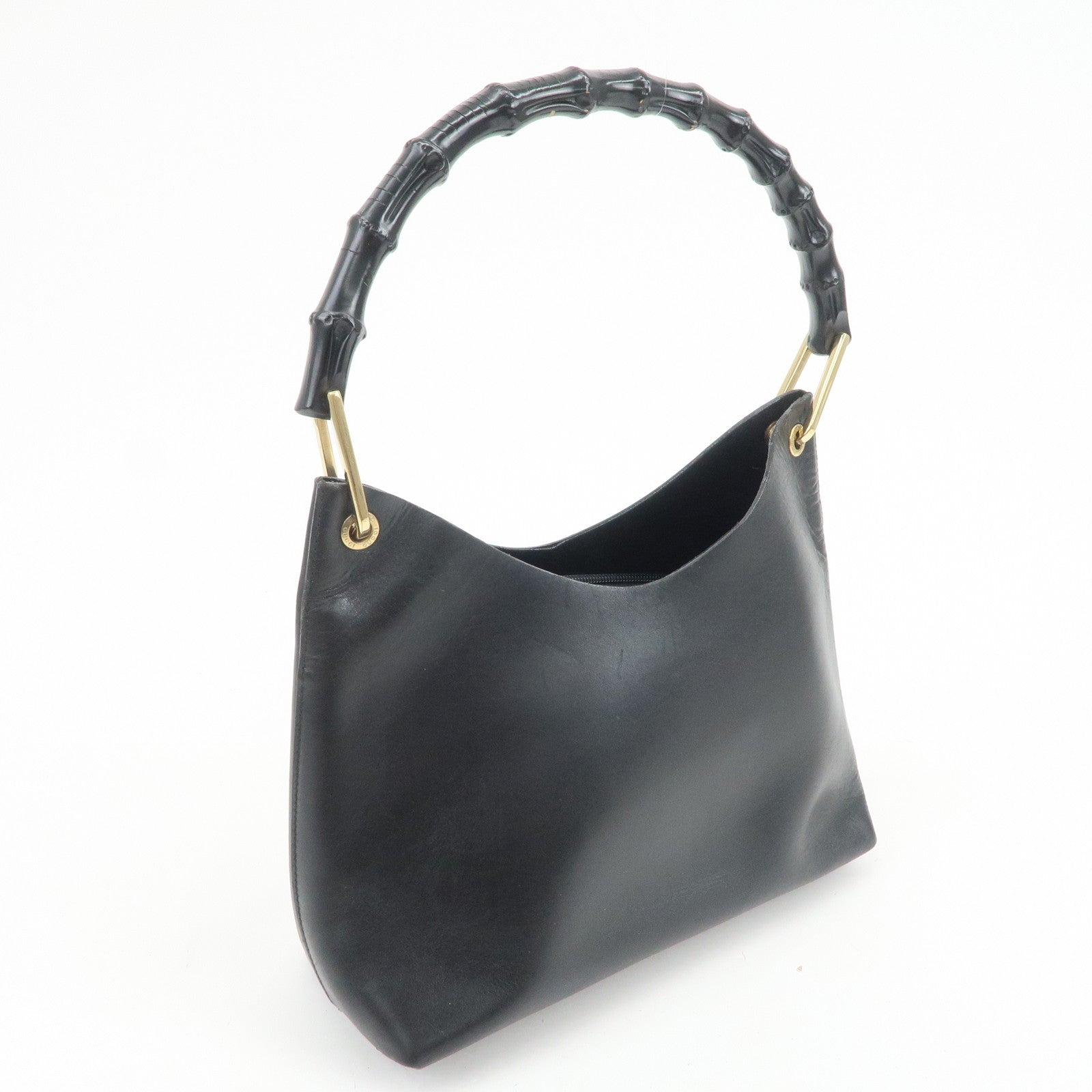 GUCCI Bamboo Leather Shoulder Bag Hand Bag Black Gold
