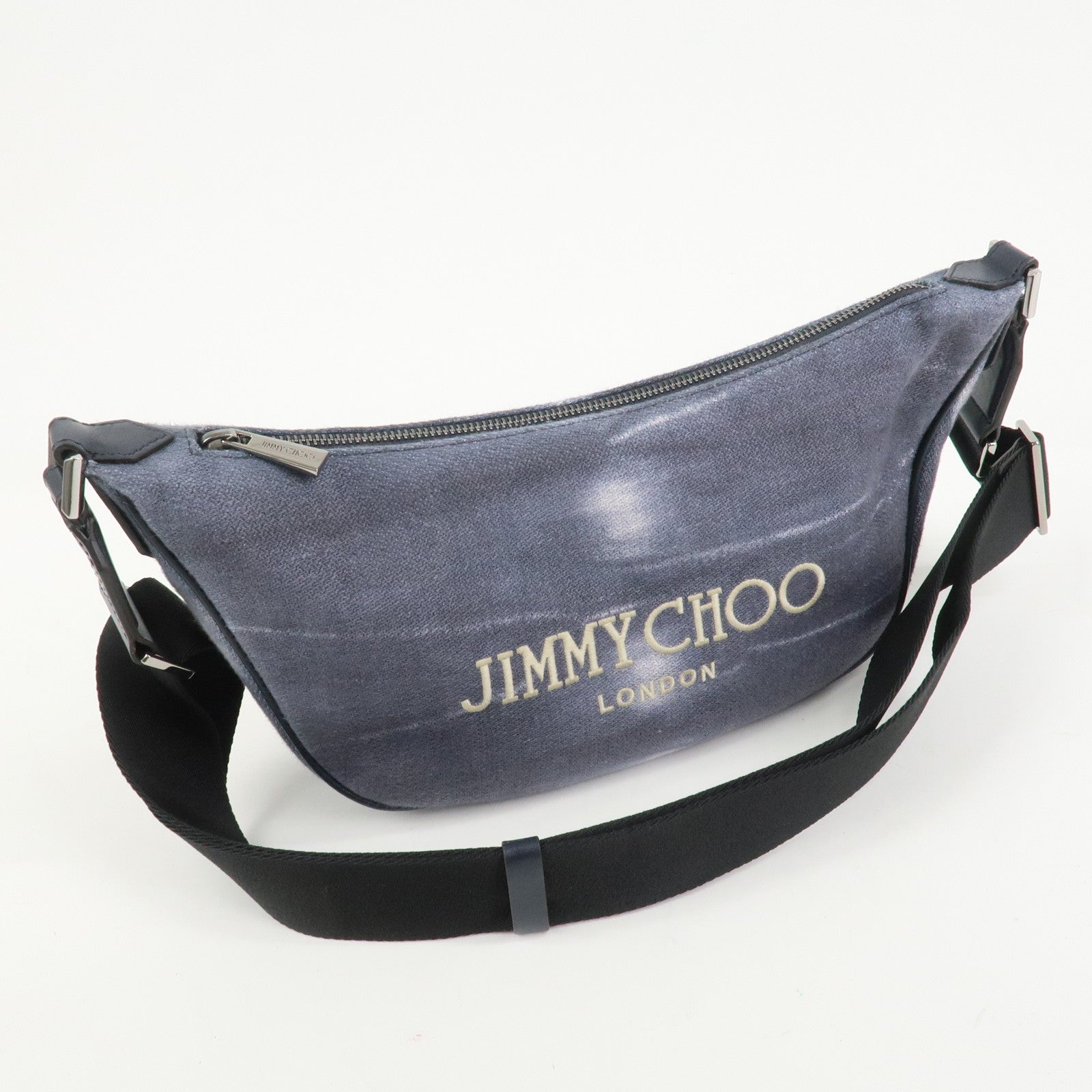JIMMY CHOO Logo Canvas Leather Shoulder Bag Crossbody Bag Navy