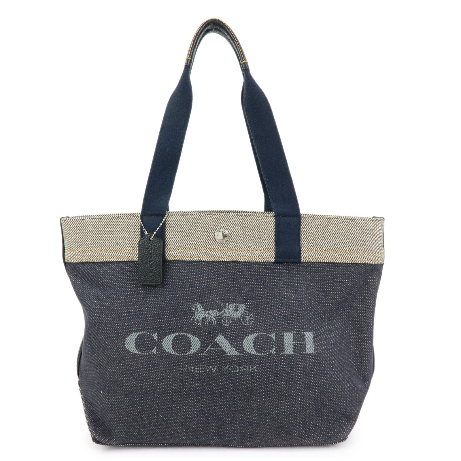 COACH Denim Leather Tote Bag Shoulder Bag Hand Bag Navy
