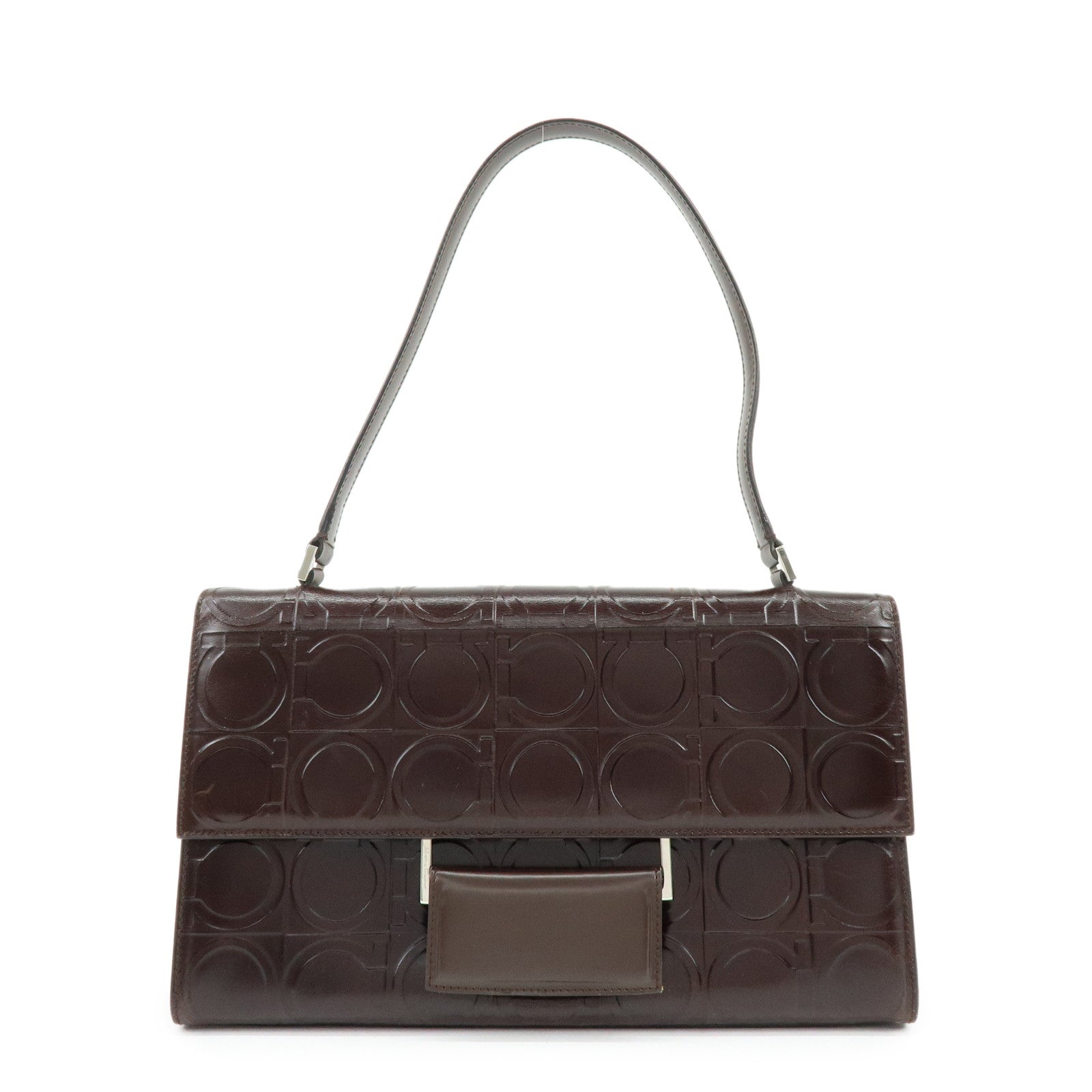 Ferragamo Gancini Leather Shoulder Bag Hand Bag Dark Brown