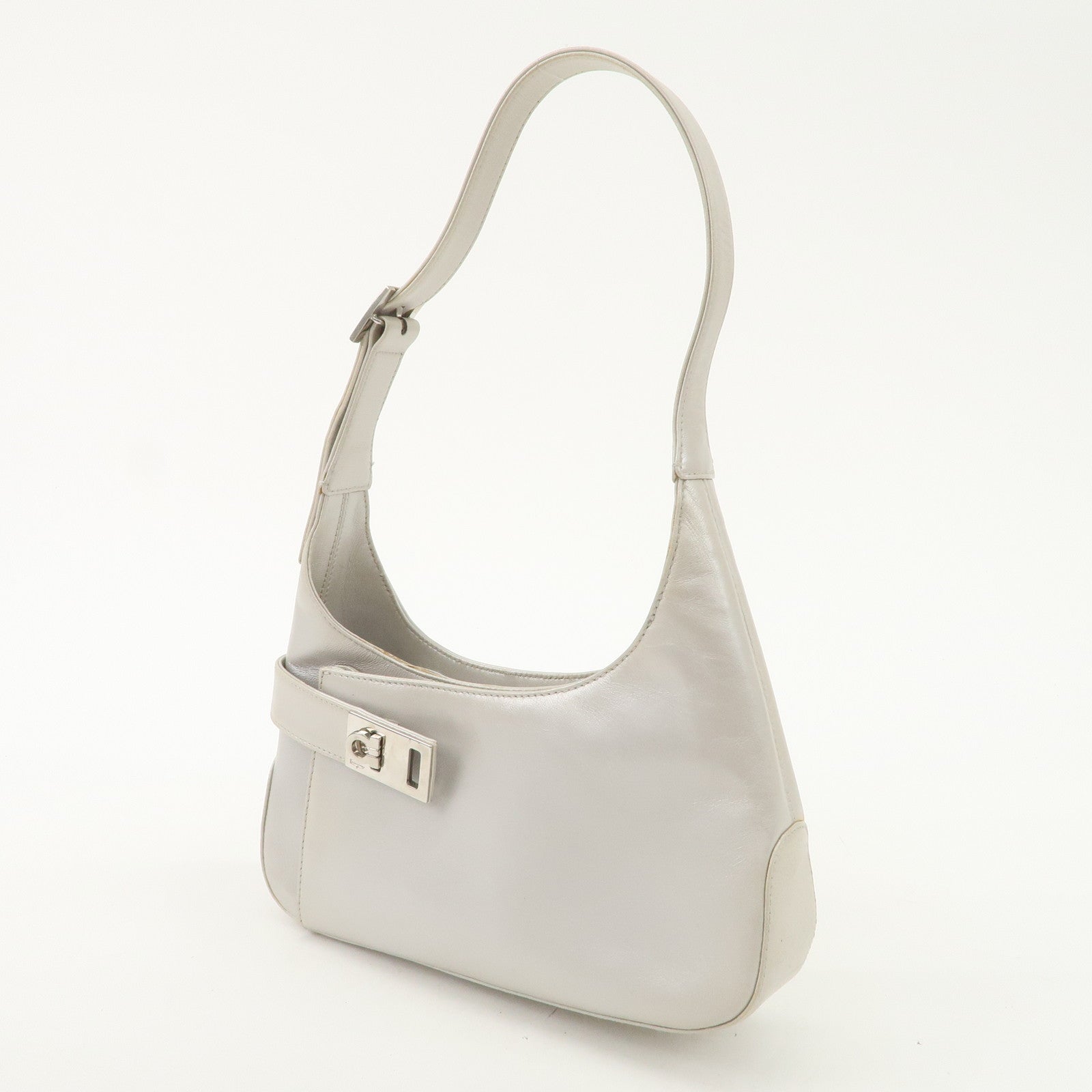 Ferragamo Gancini Leather Shoulder Bag Hand Bag Silver Used