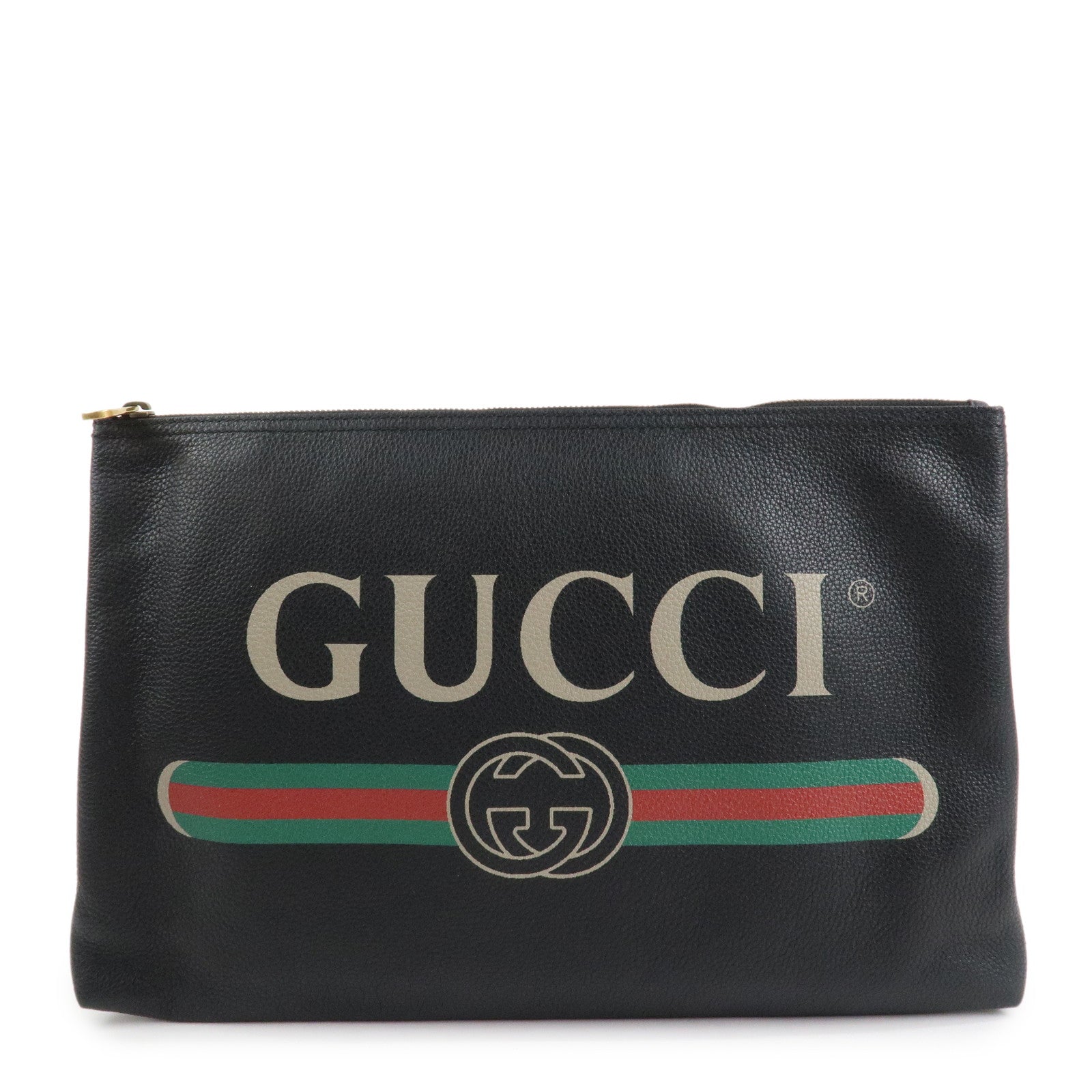 GUCCI Logo Print Leather Portfolio Clutch Bag Black 500984 Used