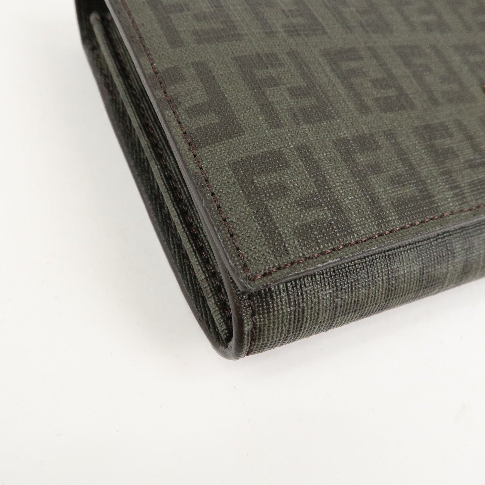 FENDI Zucchino PVC Flap Bi-Fold Long Wallet Black Moss Green 8M0235 Used