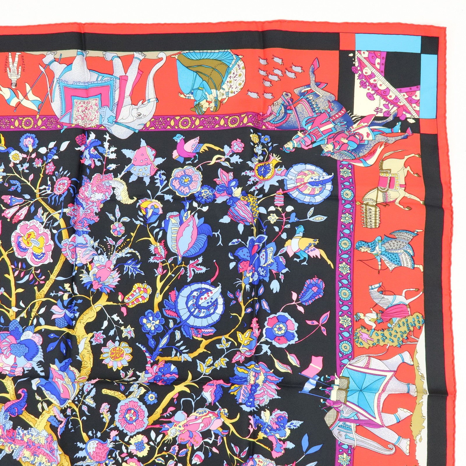 HERMES Carre 90 Silk 100% Scarf Fantaisies indiennes Black Red Blue