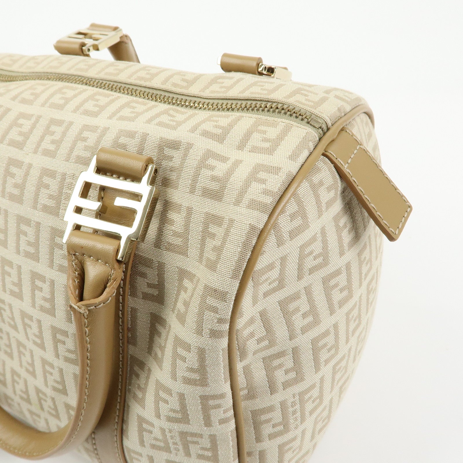 FENDI Zucchino Canvas Leather Boston Bag Hand Bag Beige 8BL068