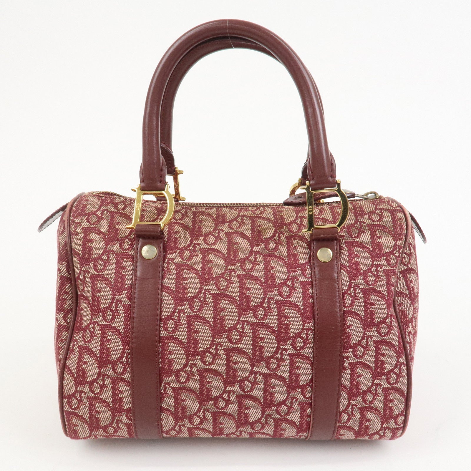 Christian Dior Trotter Jacguard Canvas Leather Boston Hand Bag Red