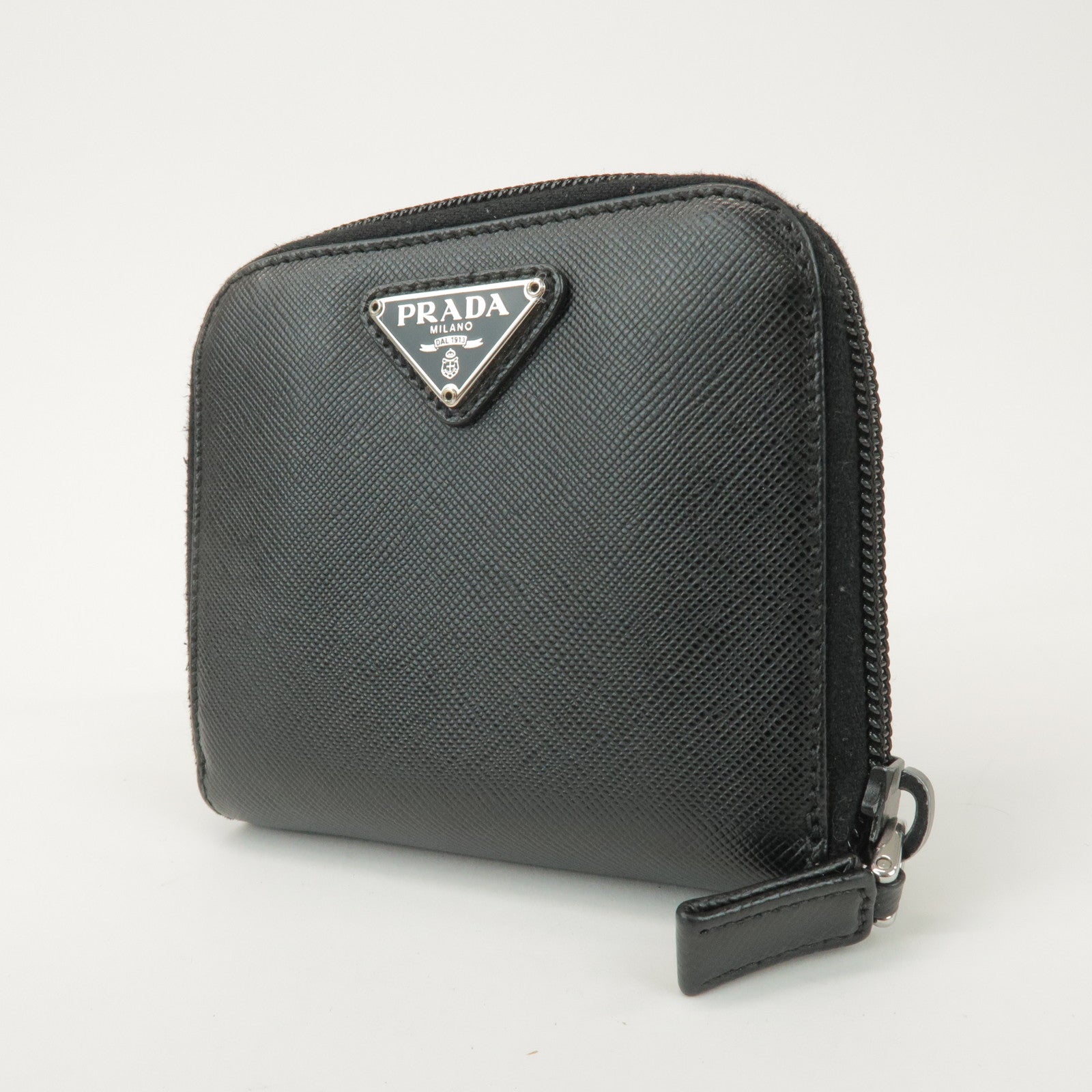 PRADA Logo Leather Round Zippy Bi-fold Wallet Black 1ML522