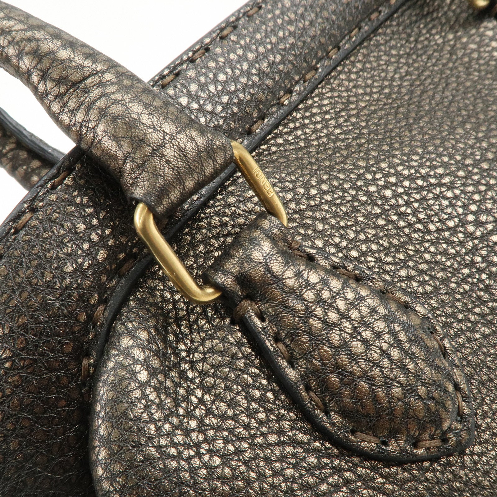 FENDI Selleria Leather Boston Bag Hand Bag Metallic Black 8BN127