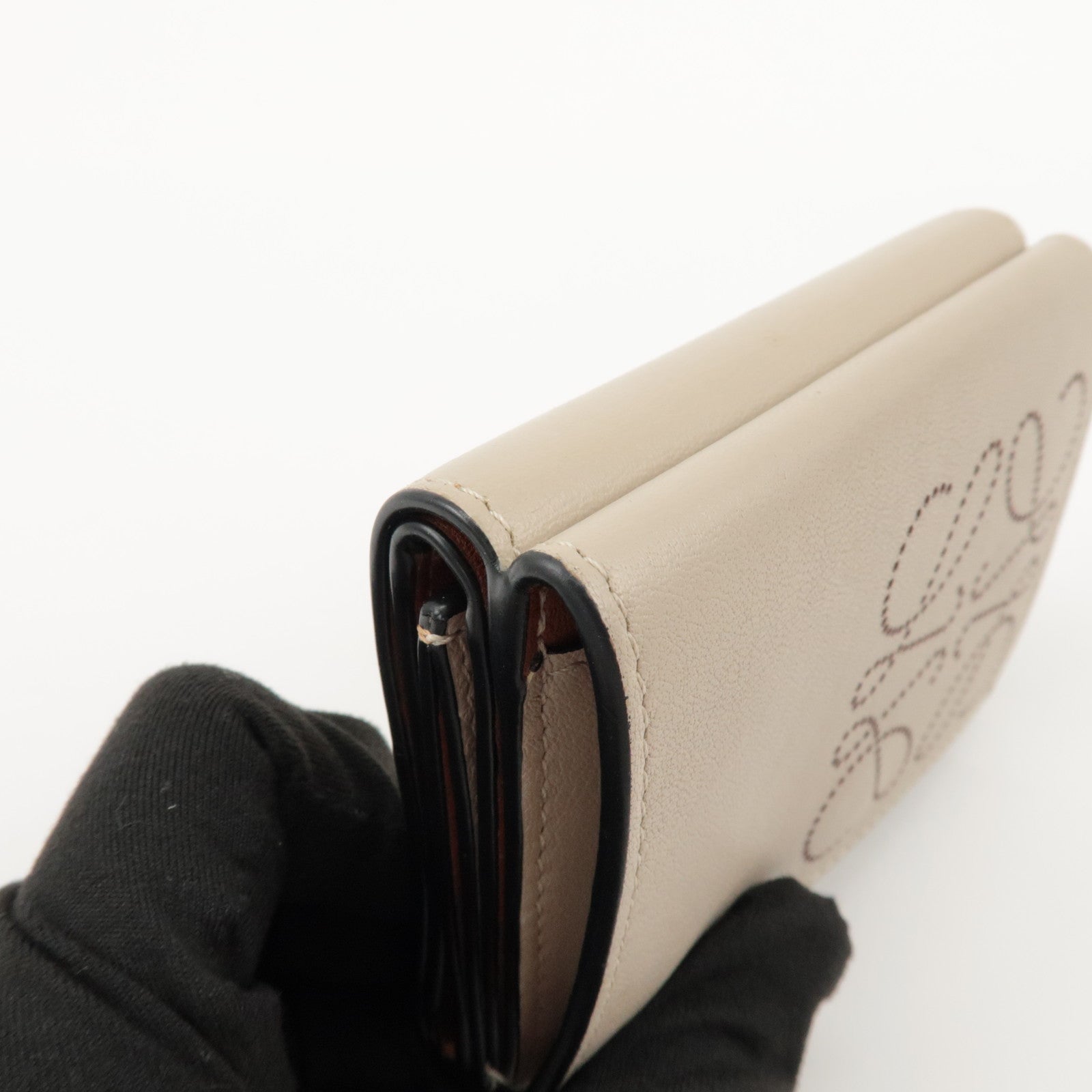 LOEWE Anagram Leather Tri-fold Compact Wallet Beige C500TR2X01 Used