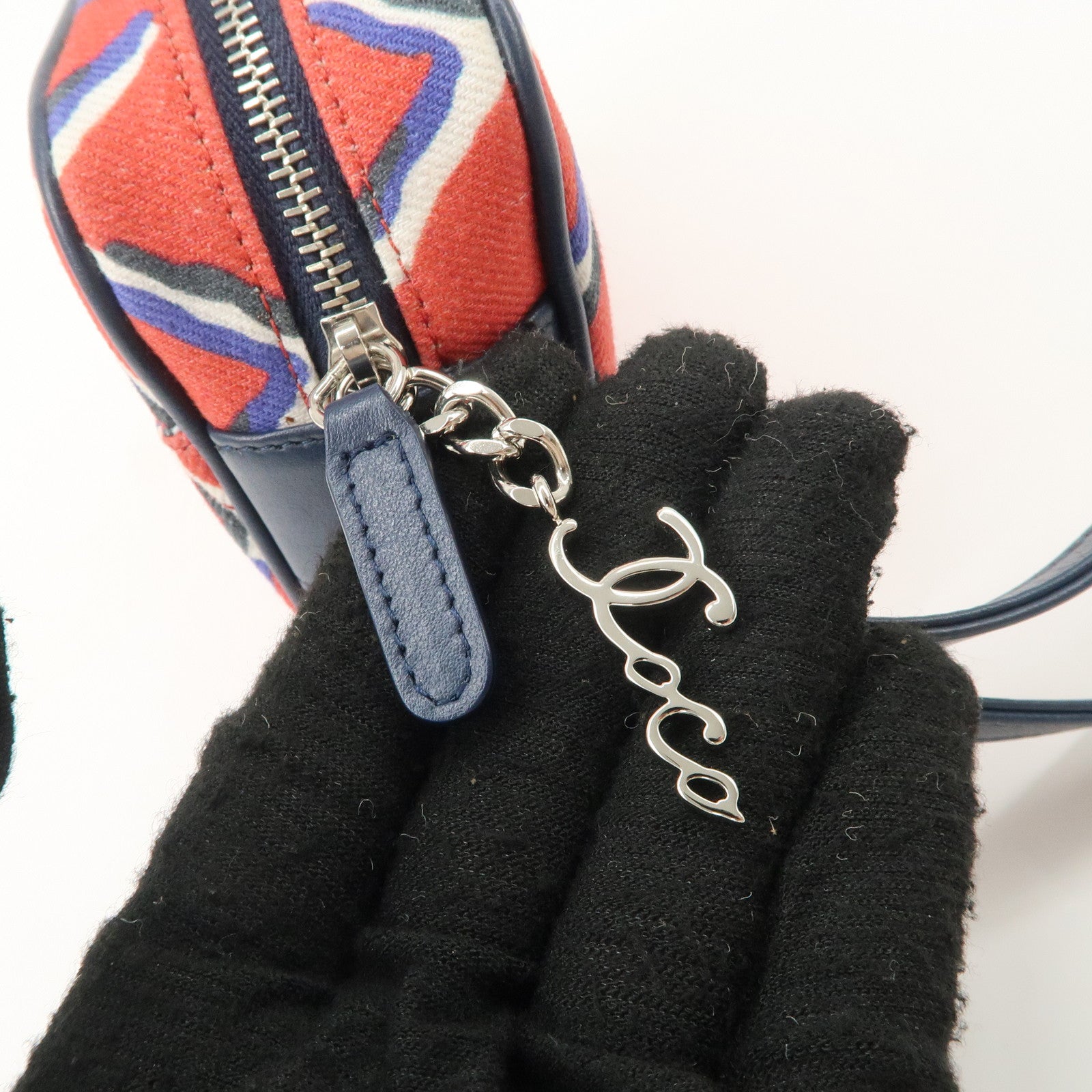 CHANEL COCO Mark COCO Beach Canvas Pouch Red Navy Silver HDW Used